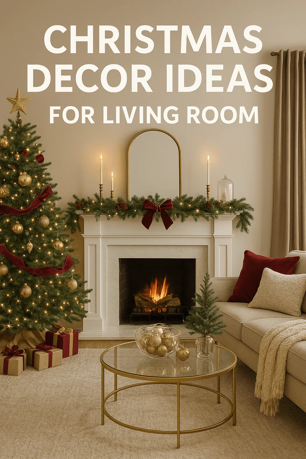 Christmas decor ideas for living room featuring a Christmas tree with gold ornaments and red ribbons a cozy fireplace with garland and candles and a beige sofa with red pillows