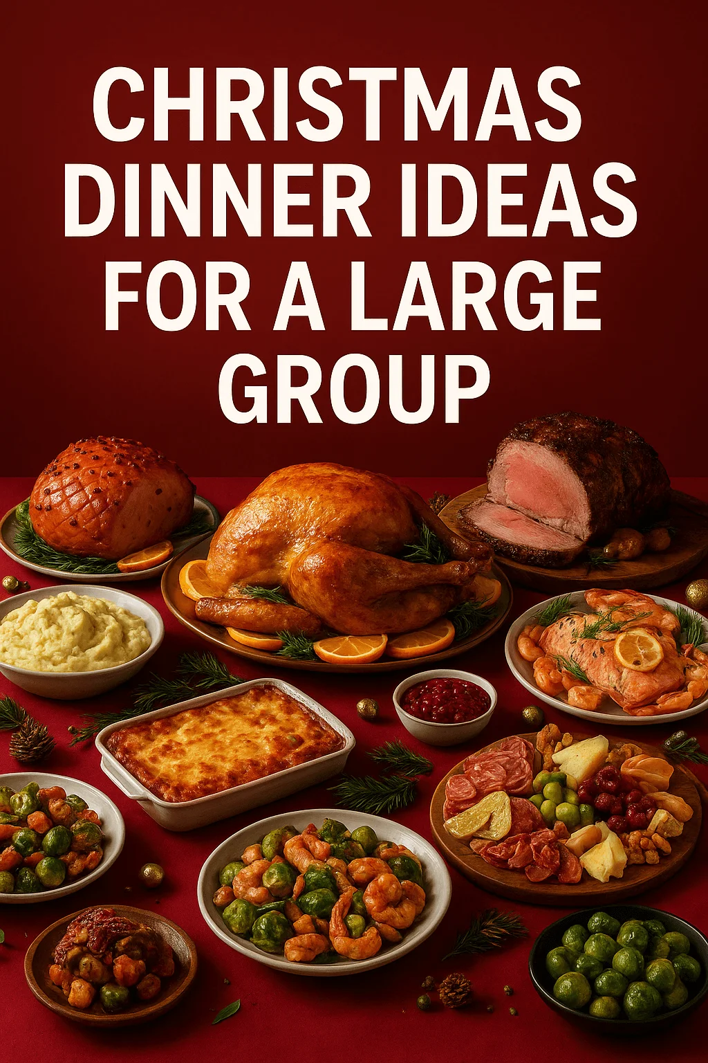 Festive Christmas dinner spread for a large group featuring roasted turkey, glazed ham, prime rib, baked salmon, mashed potatoes, lasagna, Brussels sprouts, charcuterie board, and cranberry sauce on a red holiday table