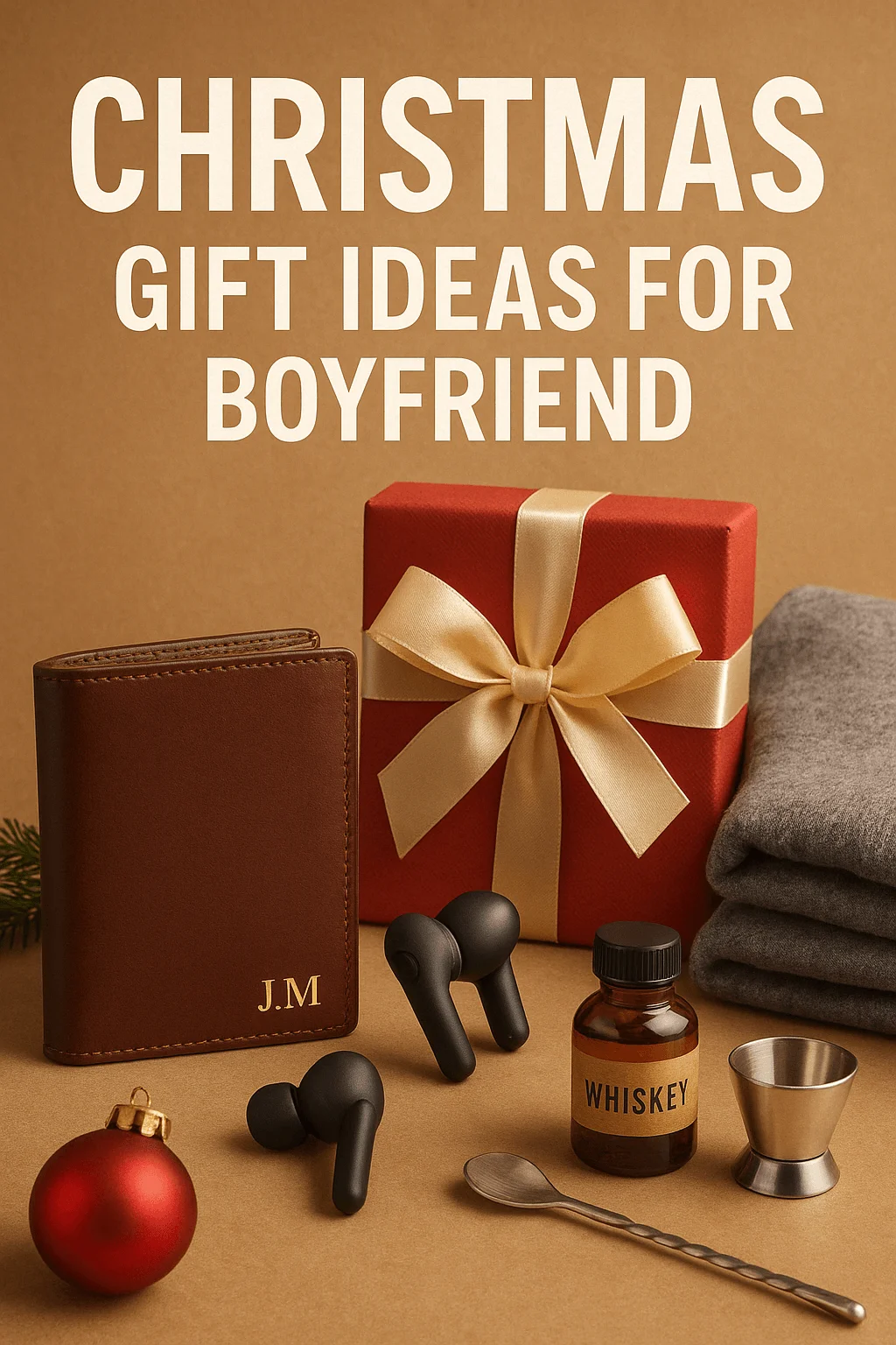 Christmas gift ideas for boyfriend including wallet, wireless earbuds, whiskey bottle, shot glass, spoon, folded sweater, and wrapped present with gold ribbon