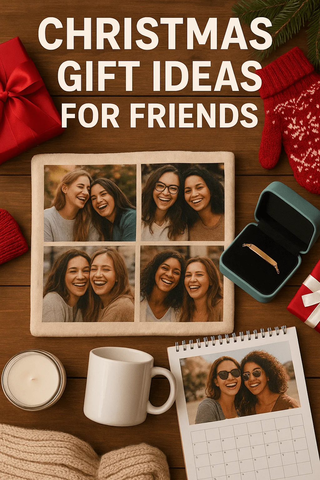 Christmas gift ideas for friends including personalized photo blanket jewelry mug candle calendar and cozy winter accessories on wooden table