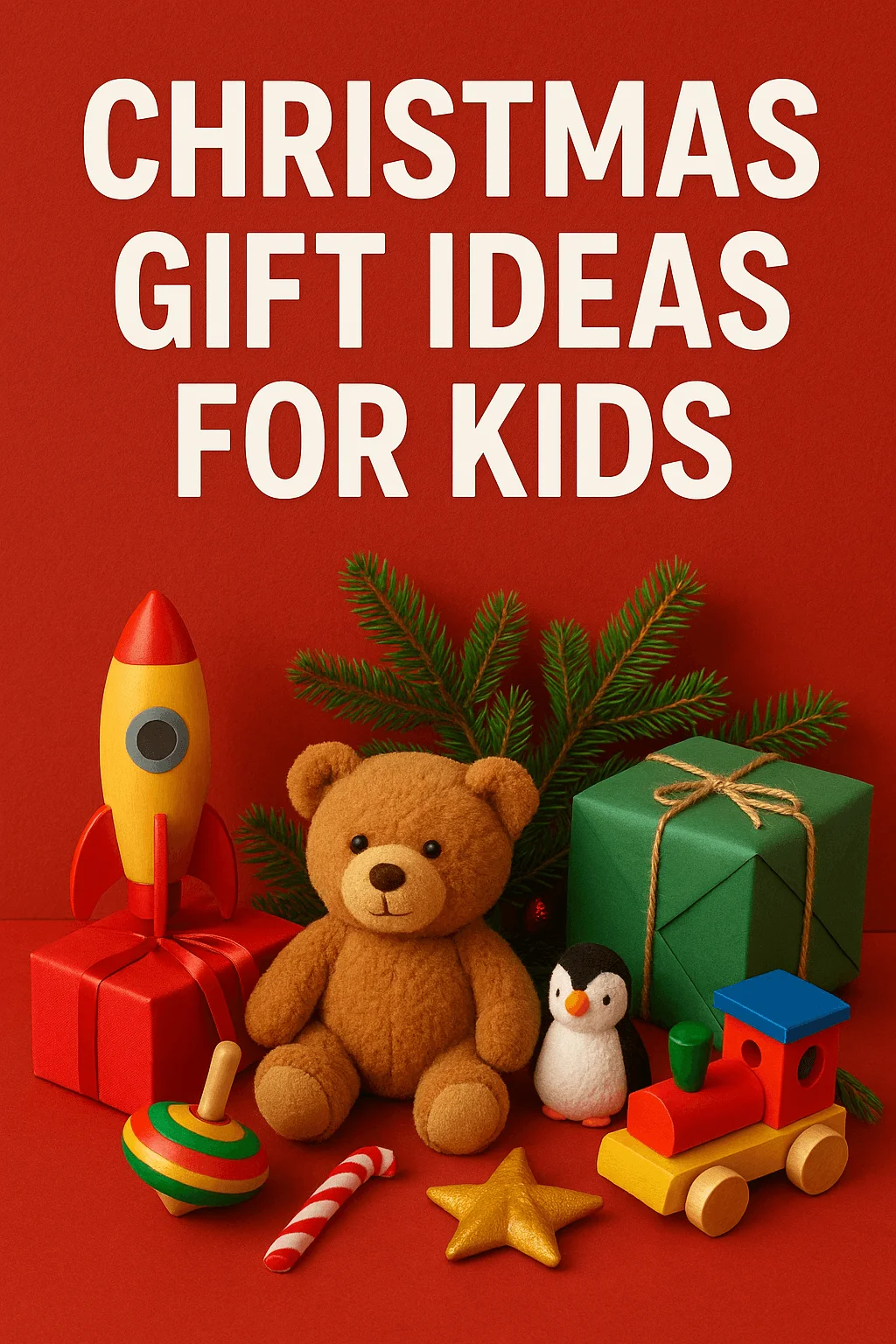 Christmas gift ideas for kids – cute holiday toys including teddy bear, wooden rocket, toy train, and wrapped presents on red festive background