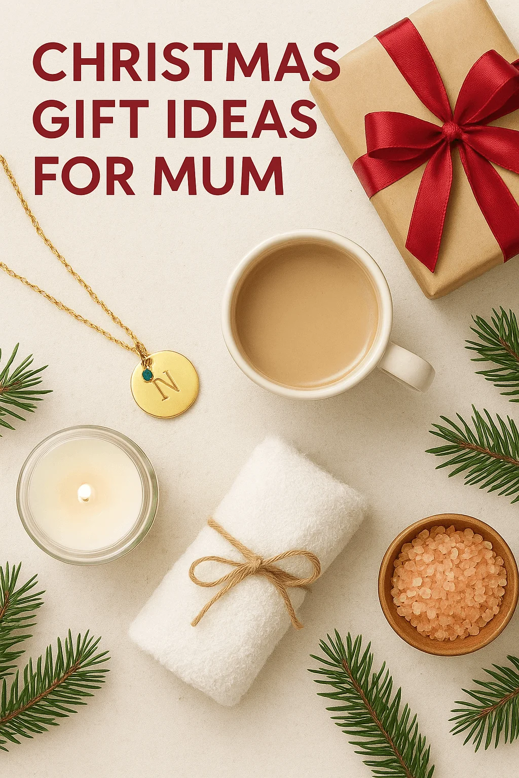 Flat lay of Christmas gift ideas for mum featuring a wrapped present with red ribbon, cup of coffee, gold initial necklace, candle, rolled towel, and pink bath salts surrounded by pine branches.