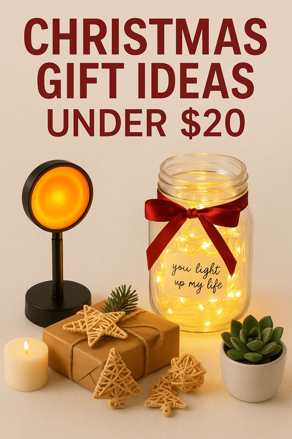 Christmas gift ideas under $20 — cozy holiday setup with a glowing jar light labeled ‘you light up my life,’ wrapped gift, small lamp, candle, and succulent