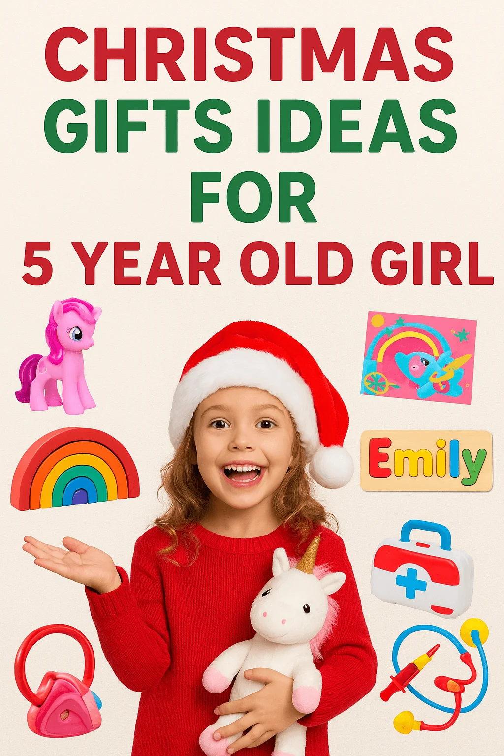 Smiling child wearing a Santa hat and red sweater holding a plush unicorn, surrounded by colorful toy images including a pink pony, rainbow stacker, name puzzle reading ‘Emily,’ doctor playset, and heart-shaped toy, with text reading ‘CHRISTMAS GIFTS IDEAS FOR 5 YEAR OLD GIRL