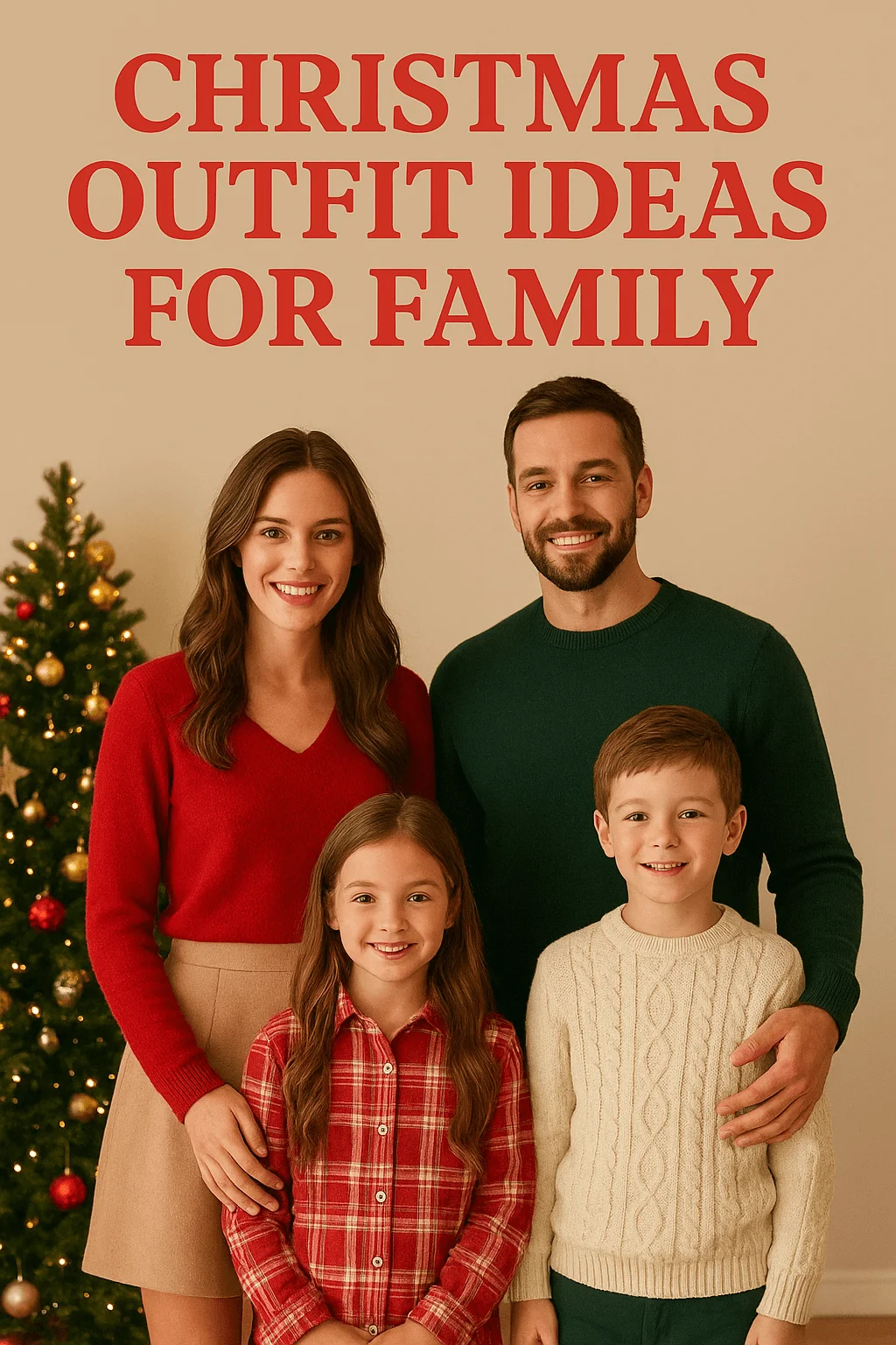 A family dressed in coordinated Christmas outfits poses together in front of a decorated Christmas tree. The mother wears a red sweater and beige skirt, the father wears a dark green sweater, the daughter wears a red plaid dress, and the son wears a cream cable-knit sweater, all creating a festive, classic holiday look.