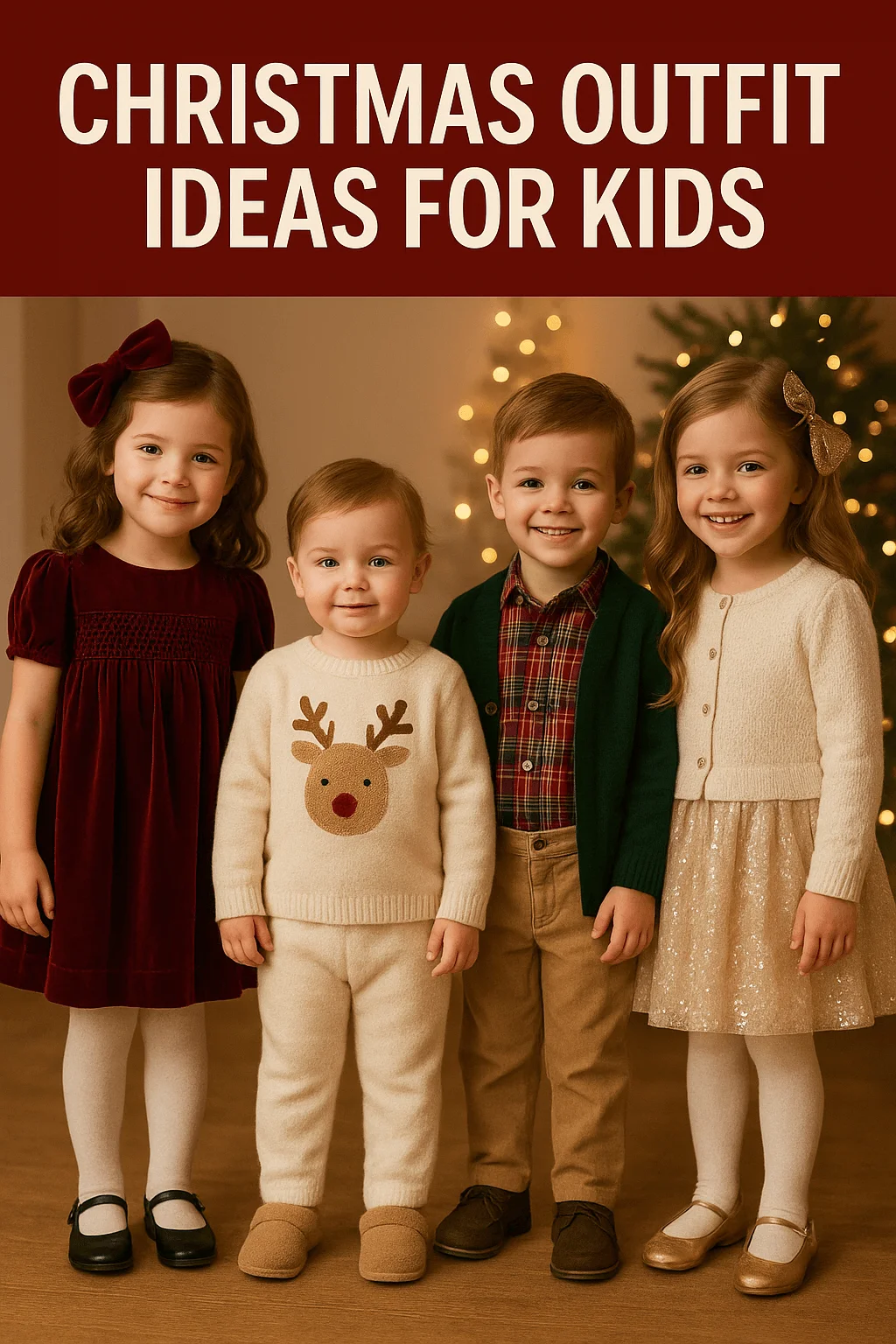 festive christmas outfit ideas for kids featuring four children dressed in coordinated holiday clothing including a red velvet dress cream reindeer sweater set plaid shirt with green cardigan and gold sparkle skirt standing in front of a christmas tree with warm fairy lights