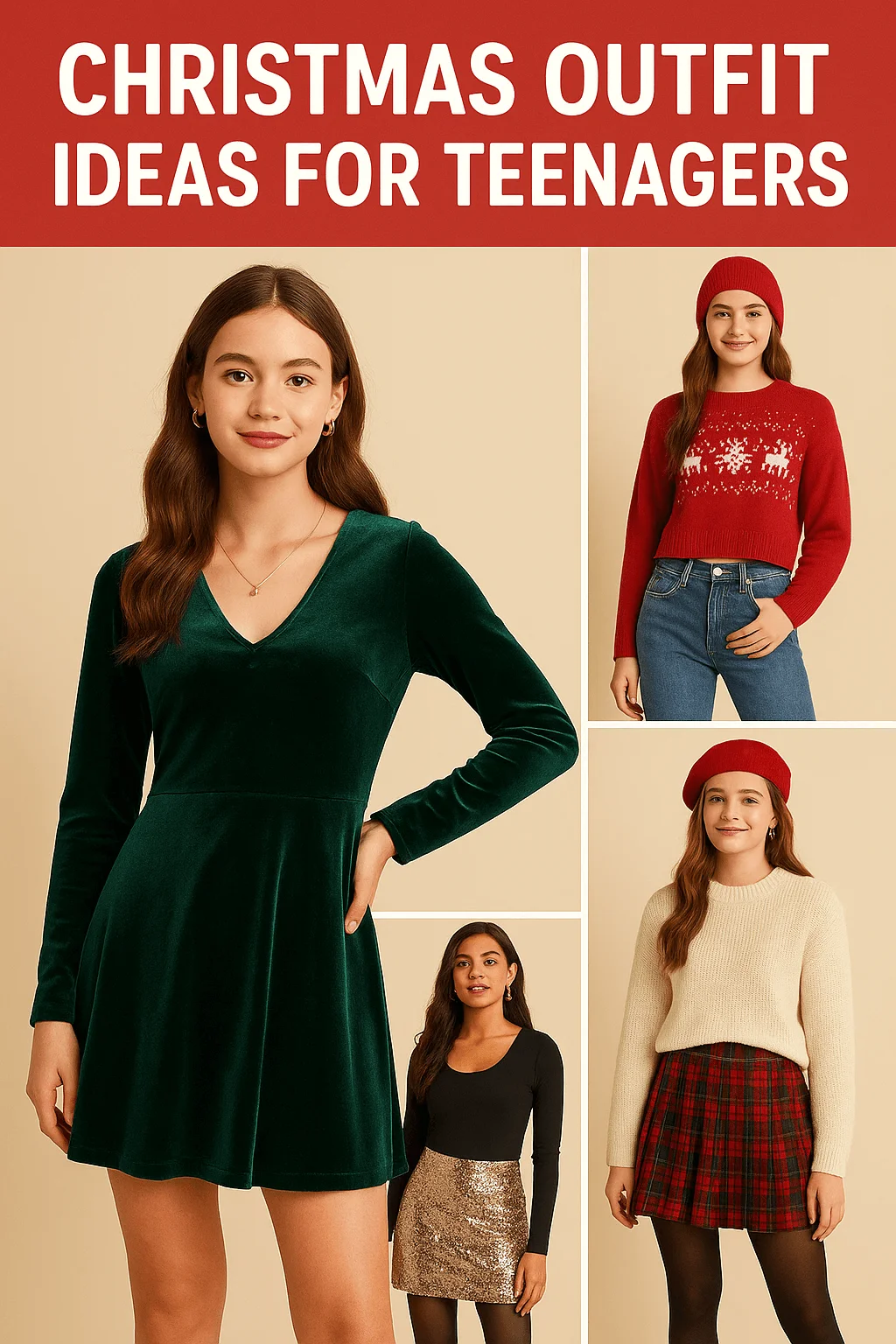 collage of stylish christmas outfit ideas for teenage girls featuring green velvet dress, red holiday sweater with jeans, cream sweater with plaid skirt and red beret, and black top with gold sequin skirt