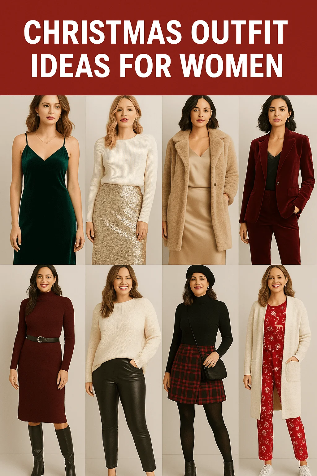 christmas outfit ideas for women featuring elegant holiday dresses cozy sweaters skirts velvet suits and winter layering looks for festive season fashion inspiration