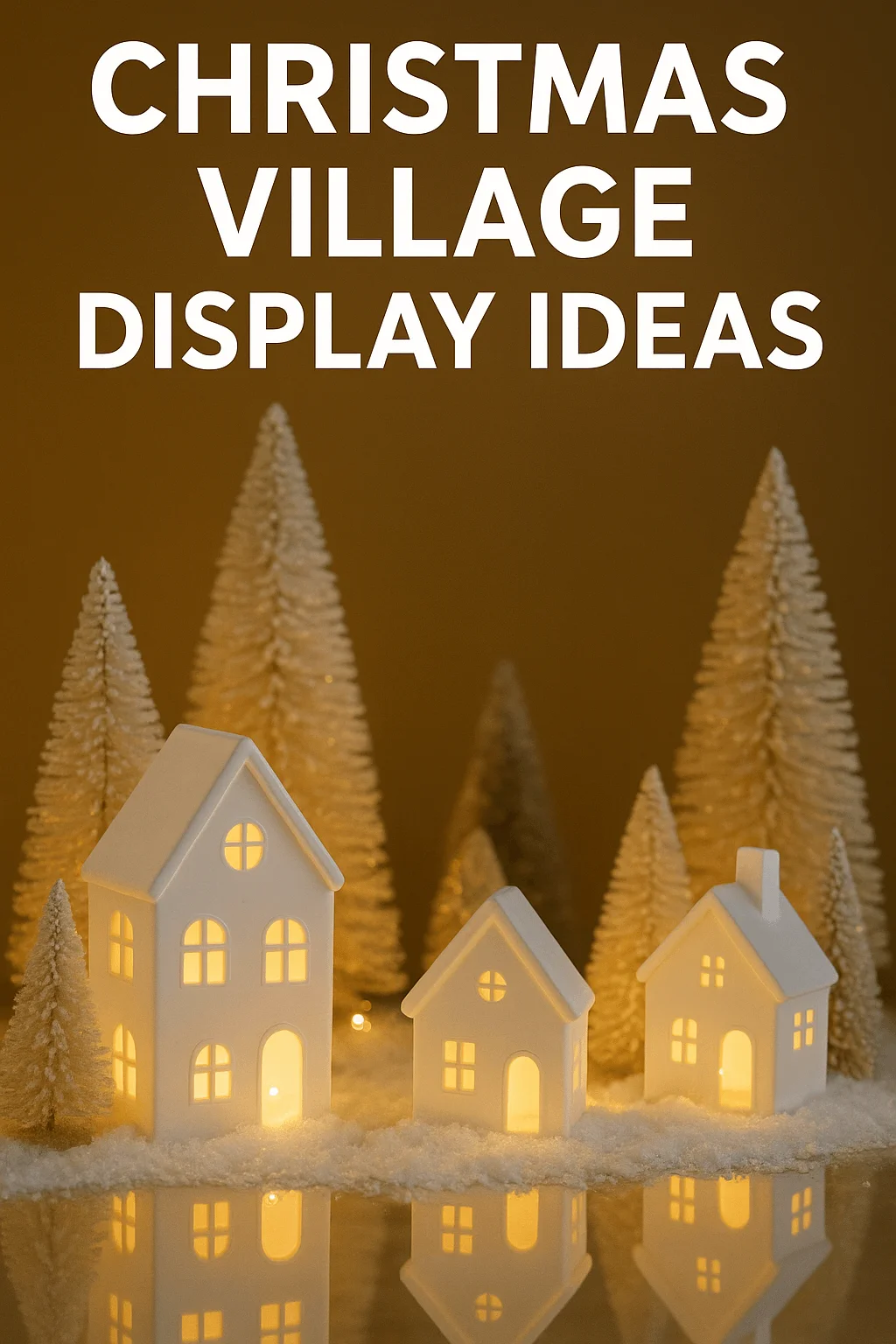 Cozy Christmas village display with glowing ceramic houses and snowy bottle brush trees, creating a warm festive holiday scene