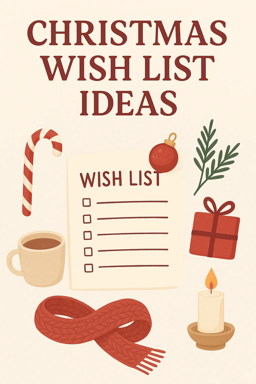 Christmas wish list ideas graphic with festive elements including candy cane, coffee cup, gift box, red scarf, candle, and checklist on beige background