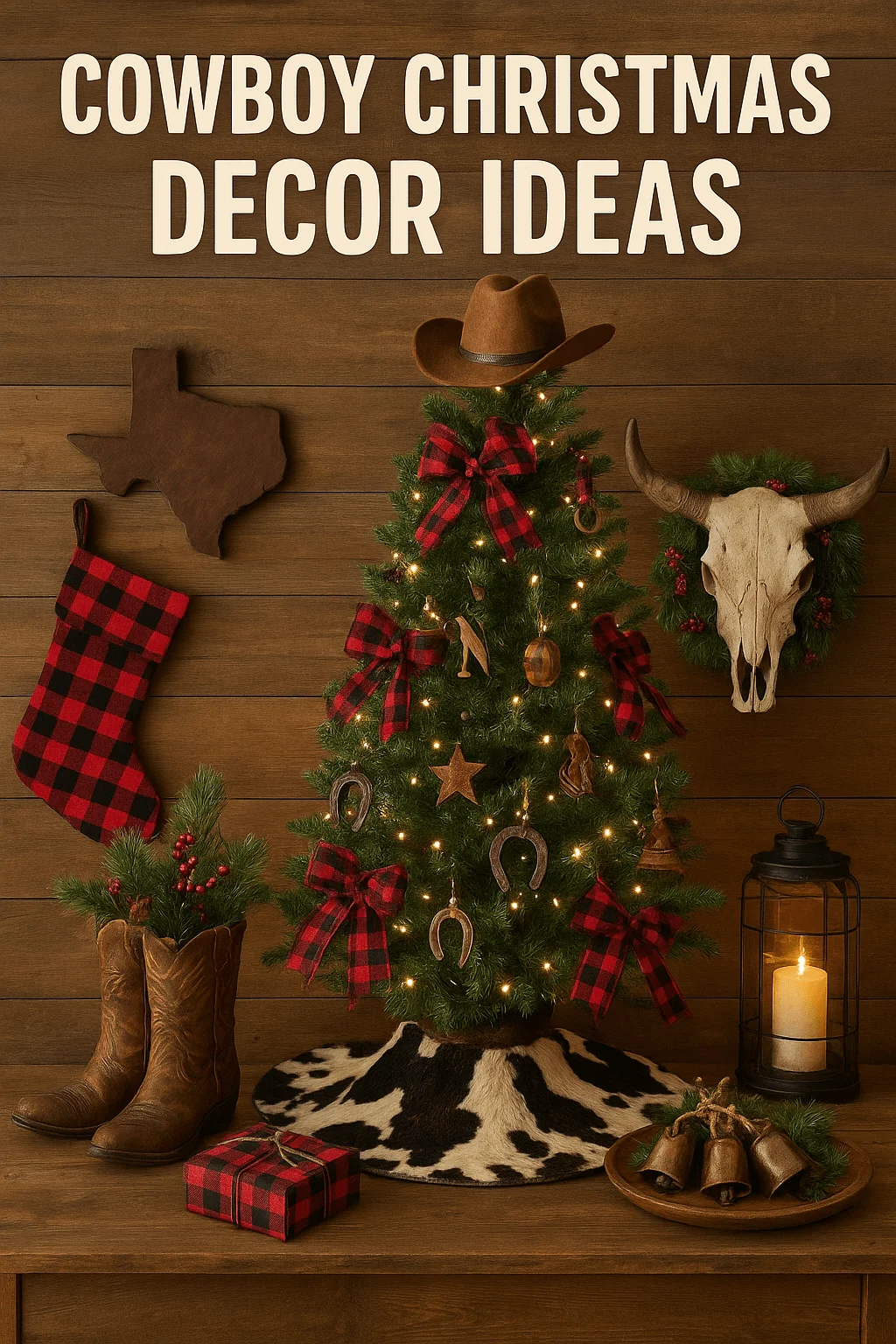 Rustic cowboy Christmas decor featuring a small Christmas tree decorated with red plaid bows, horseshoes, and western ornaments. A cowboy hat tops the tree, surrounded by a buffalo skull wreath, lantern candle, leather boots filled with greenery, and a Texas wall sign. Cozy Western holiday theme with wooden background.