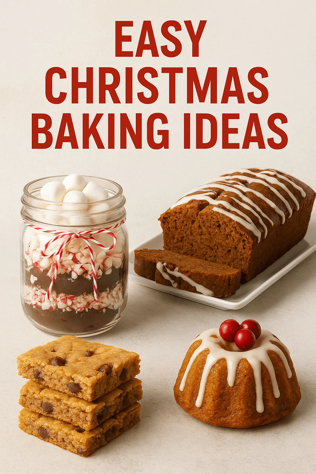 Easy Christmas baking ideas featuring festive treats including a mini bundt cake with icing and cranberries, a loaf cake drizzled with glaze, chocolate chip cookie bars, and a holiday jar mix with marshmallows and crushed candy canes.