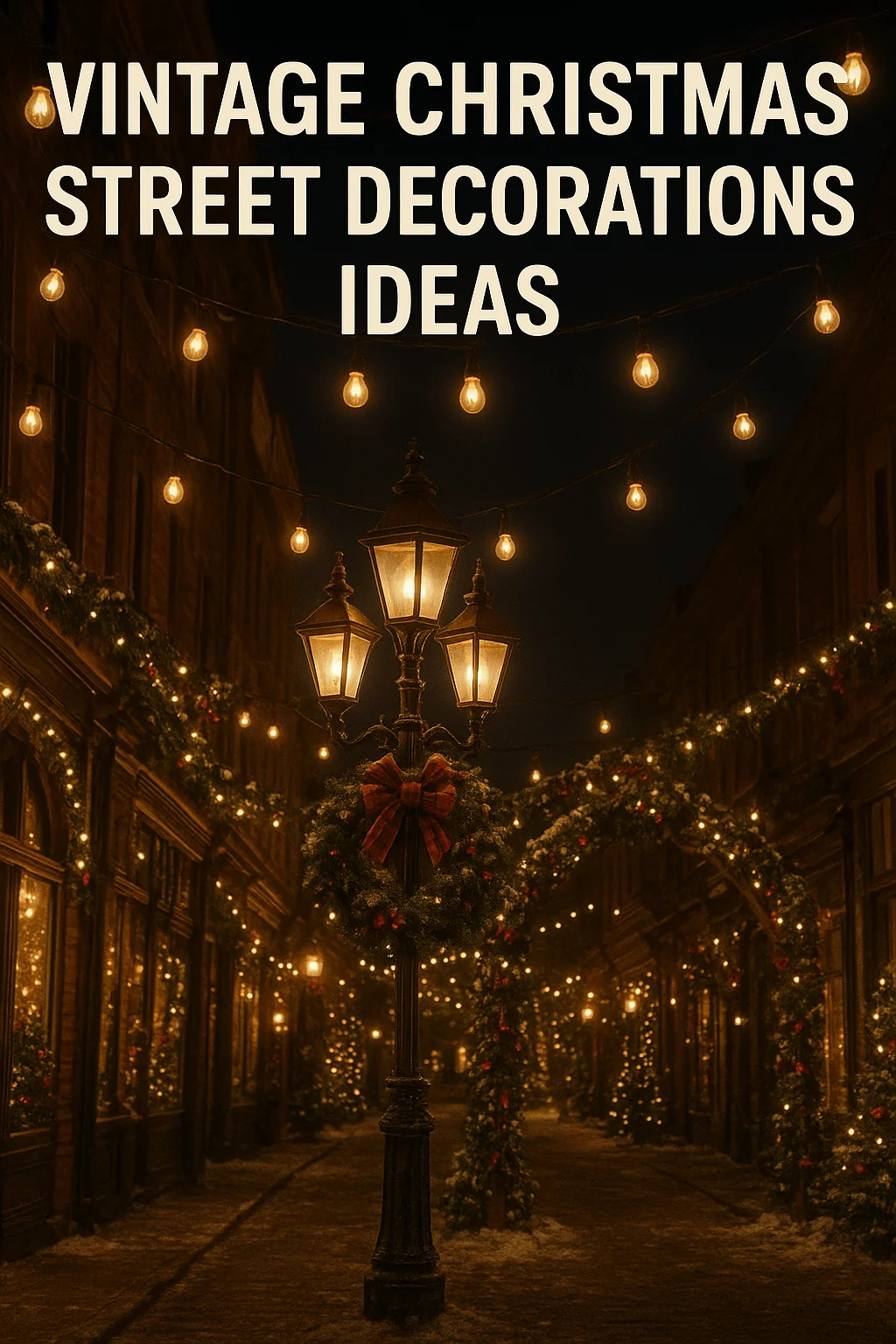 Charming vintage-style street at night decorated with glowing string lights, wreaths, garlands, and an old-fashioned lamppost adorned with a red bow