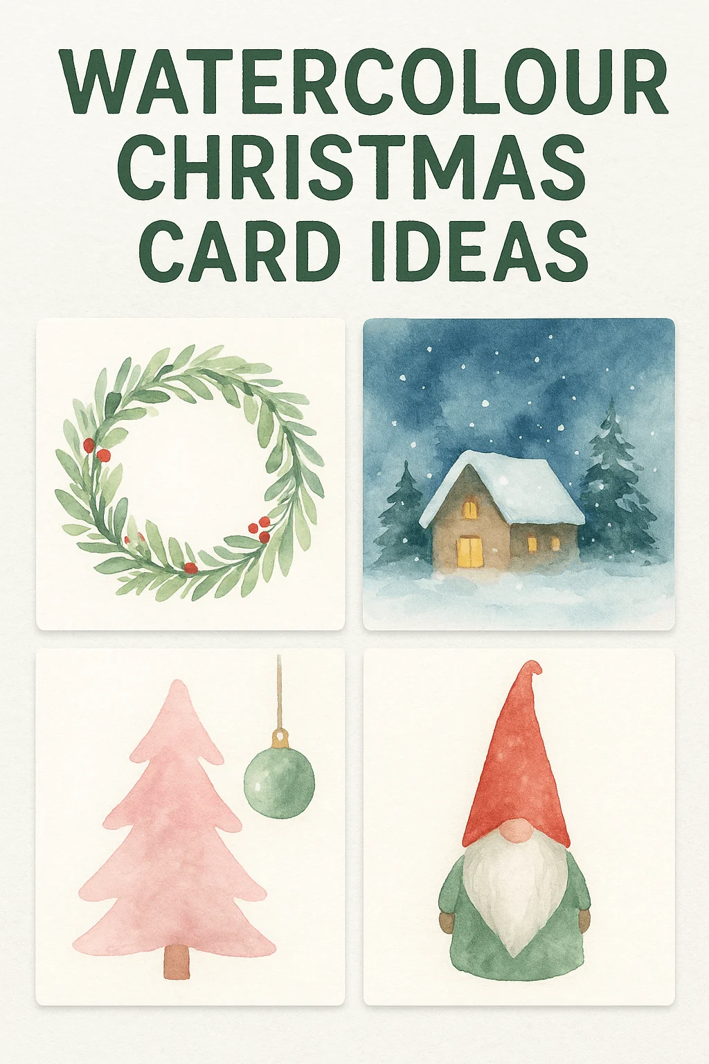 Watercolour Christmas card ideas featuring festive designs including a green wreath with red berries, a snowy cabin with pine trees, a pink Christmas tree with green ornament, and a gnome in red hat and green coat on a white background