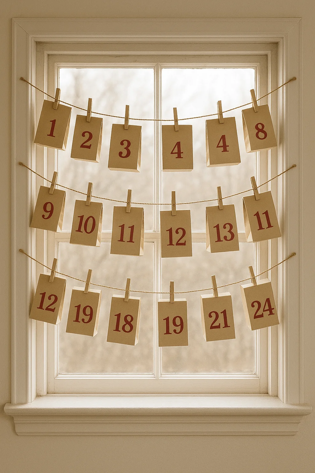 Neutral toned window decorated with a handmade advent calendar featuring numbered kraft paper bags hanging on twine with clothespins creating a simple and cozy Christmas countdown display
