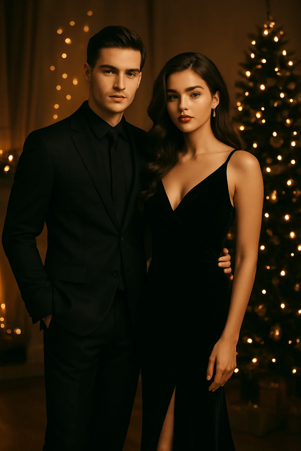 Elegant couple in black formal outfits posing indoors with warm Christmas lights and a decorated tree in the background.