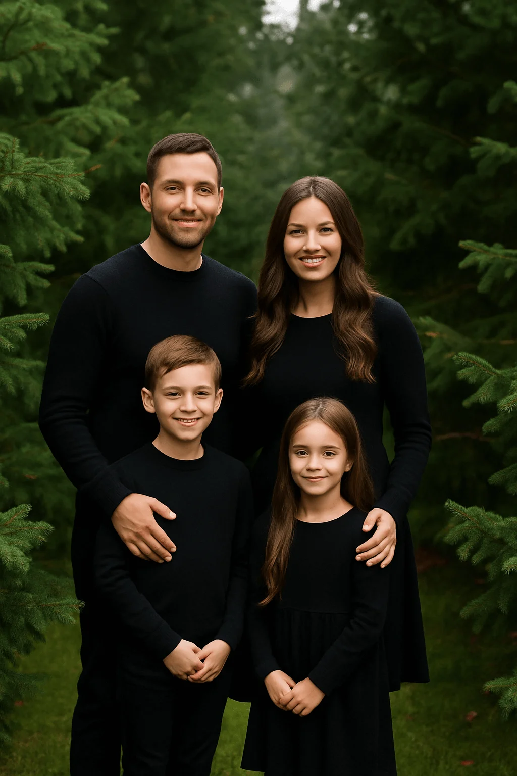 Family wearing all black outfits posing together outdoors surrounded by lush green trees.