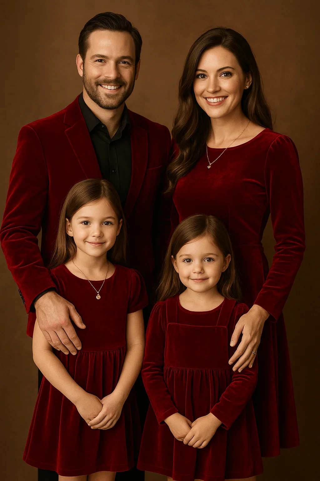 Family photo with parents and children wearing matching red velvet holiday outfits on a brown studio background