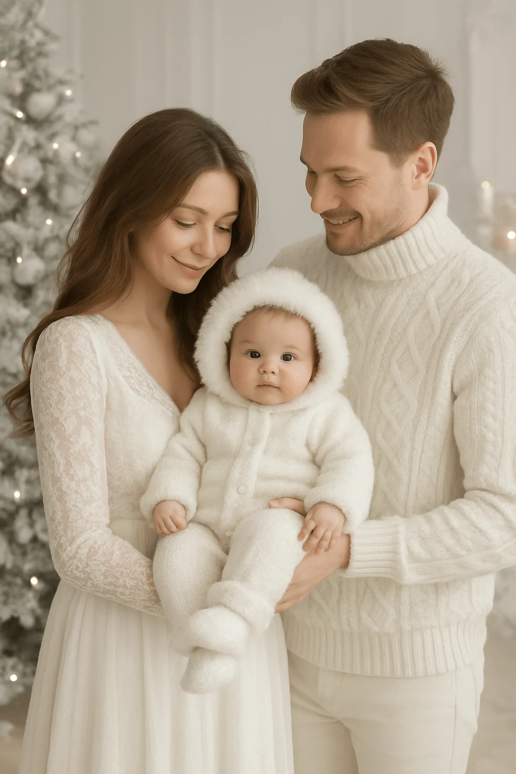 Family Christmas photo with parents in elegant white outfits holding a baby in a fluffy white winter suit in a softly lit snowy themed room