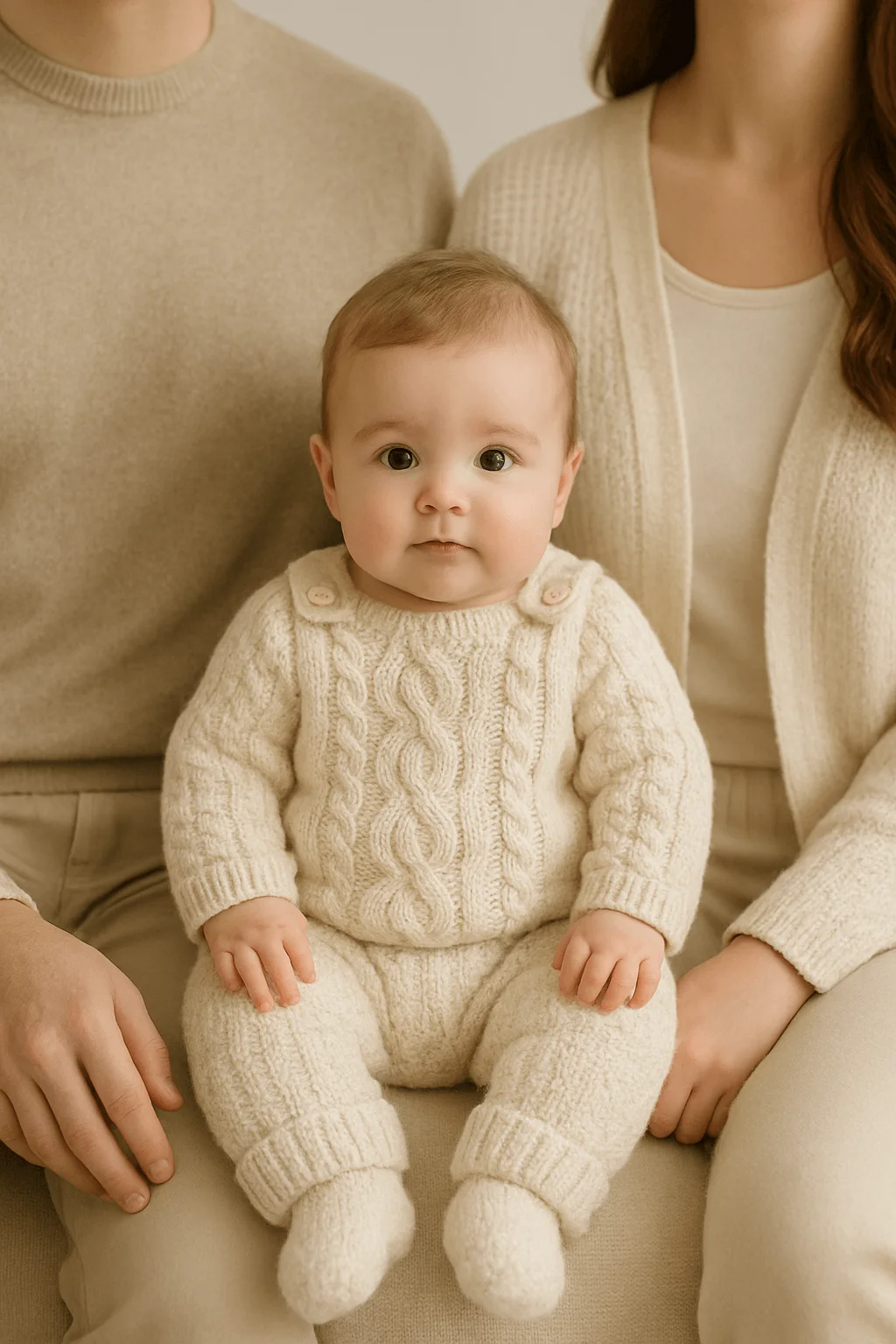 Baby wearing a cozy cream cable-knit sweater romper sits between two parents dressed in soft neutral outfits, captured in a warm, minimal studio setting.