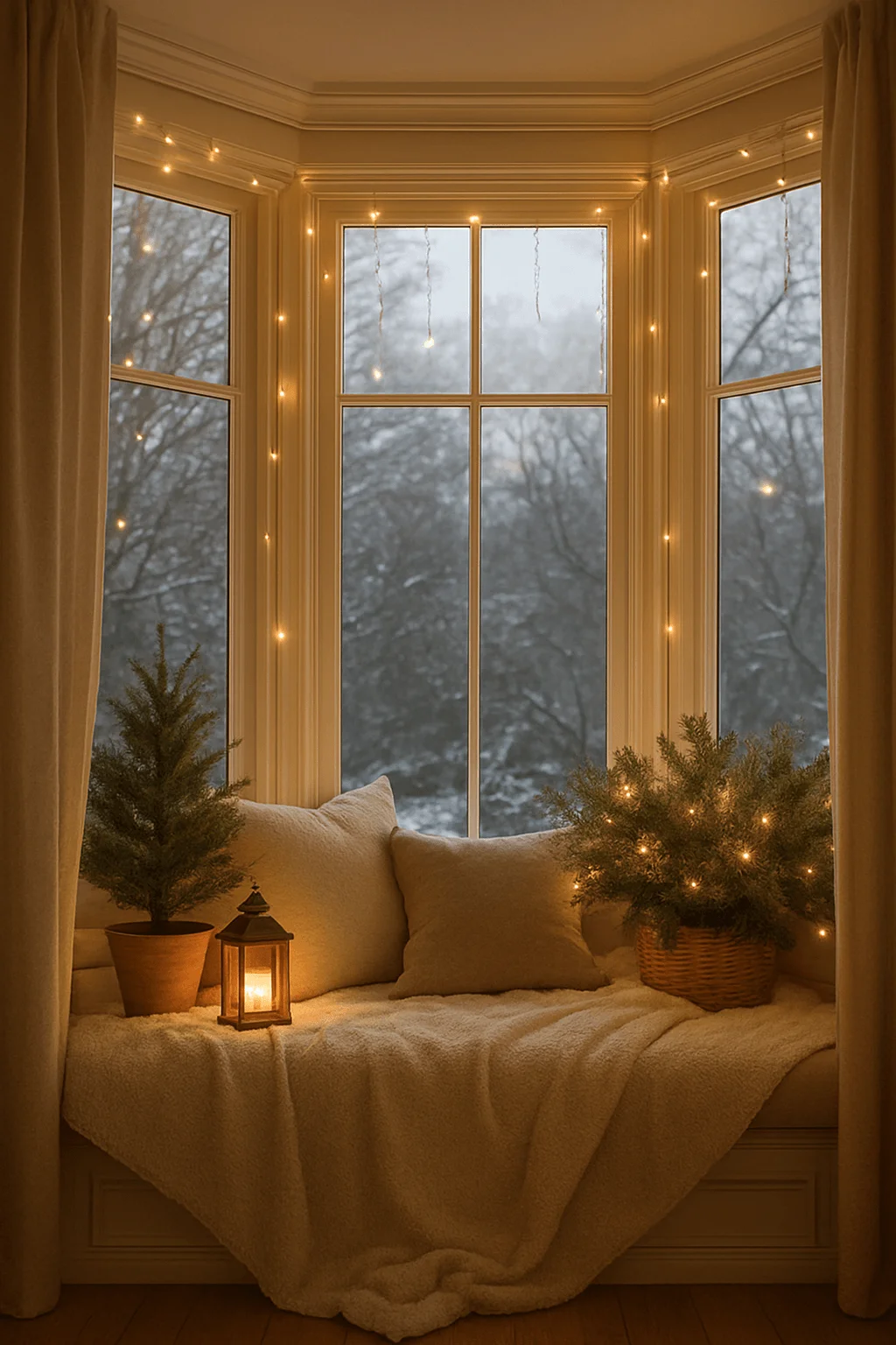 Cozy bay window decorated for winter with warm string lights soft beige blankets plush pillows a small lit lantern and two mini Christmas trees against a snowy outdoor backdrop
