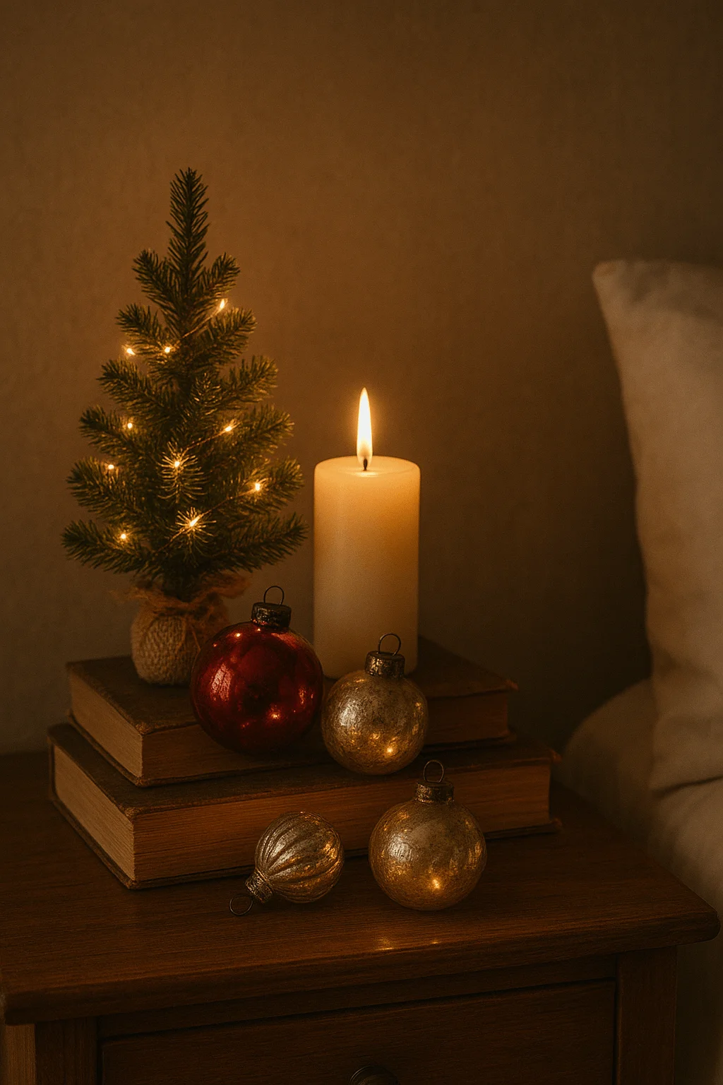 A serene bedside holiday vignette featuring a small lit Christmas tree, a glowing candle, and vintage-style glass ornaments on stacked books, creating a cozy, nostalgic, and softly illuminated winter atmosphere.