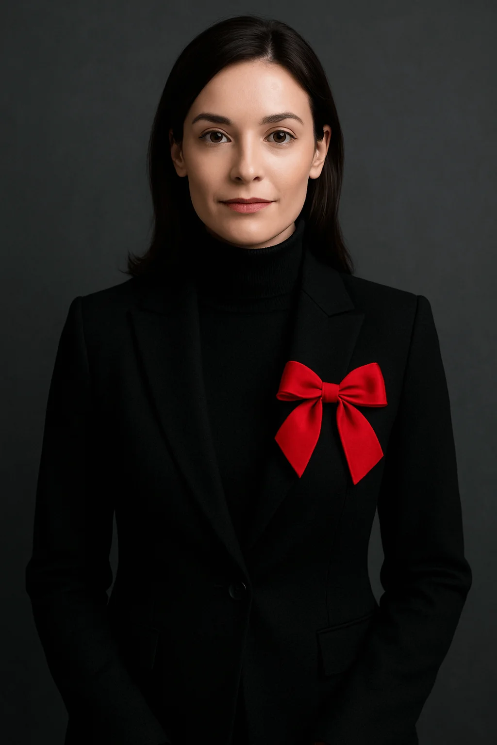 Woman wearing a black turtleneck and tailored black blazer, accented with a bright red bow pinned to the lapel, posed against a dark studio backdrop.
