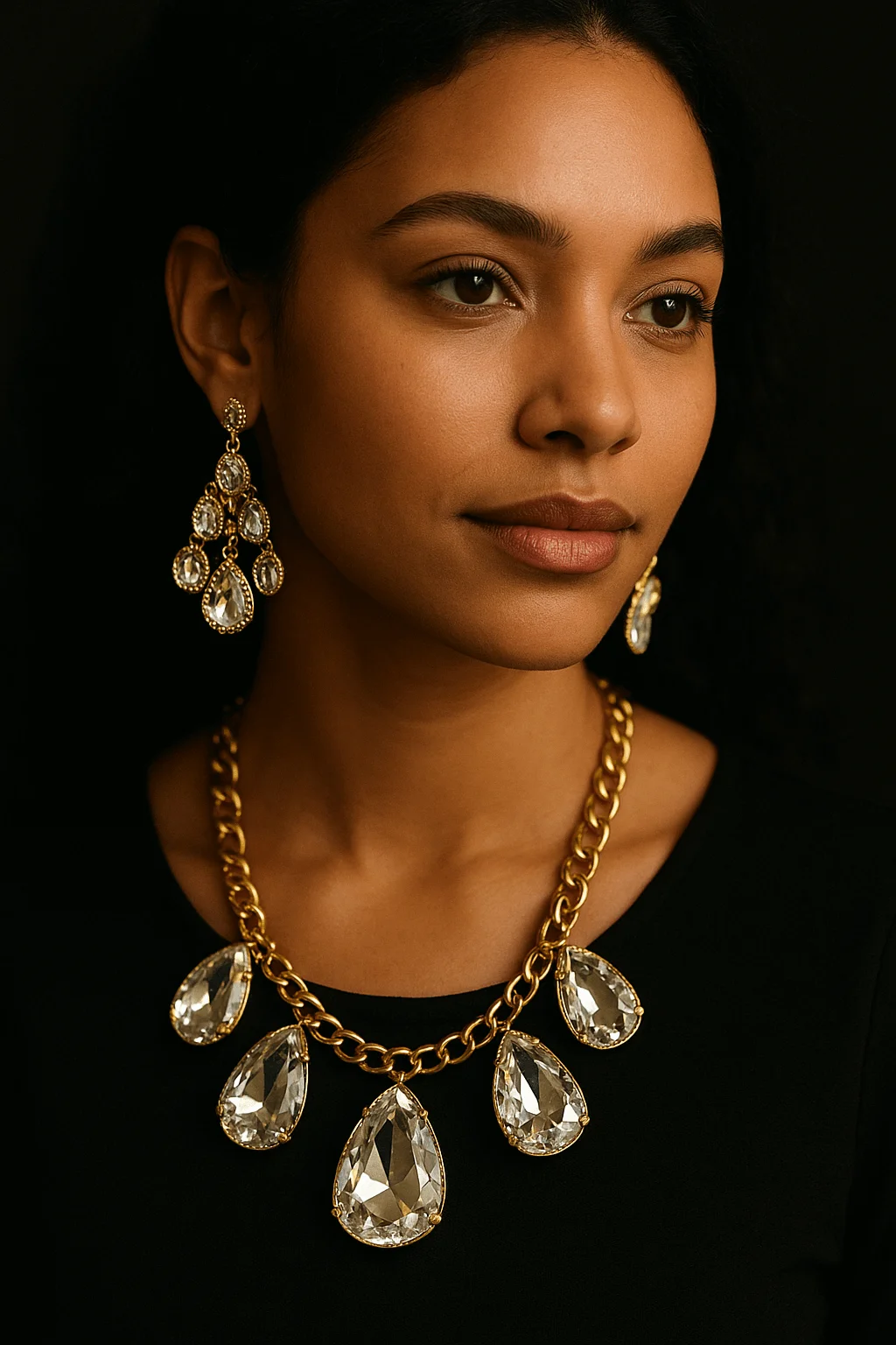 Close-up portrait of a woman wearing a black top, large gold chandelier earrings, and a bold gold chain necklace with oversized teardrop-shaped crystal pendants.