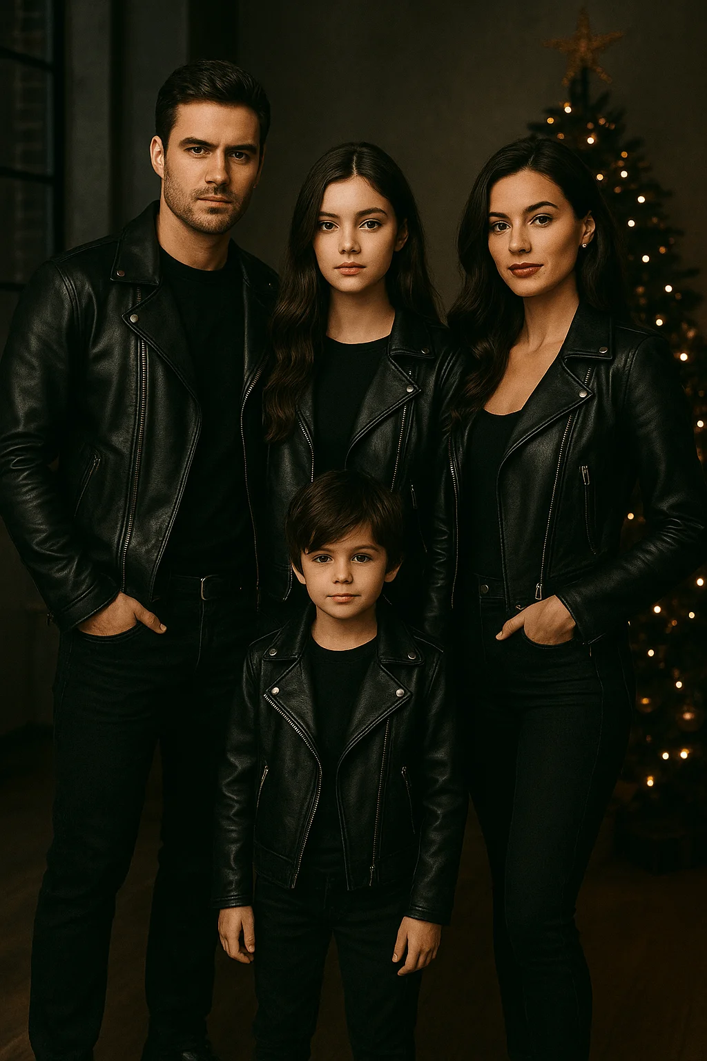 Family of four wearing matching black leather jackets and black outfits, standing together indoors with a softly lit Christmas tree in the background.