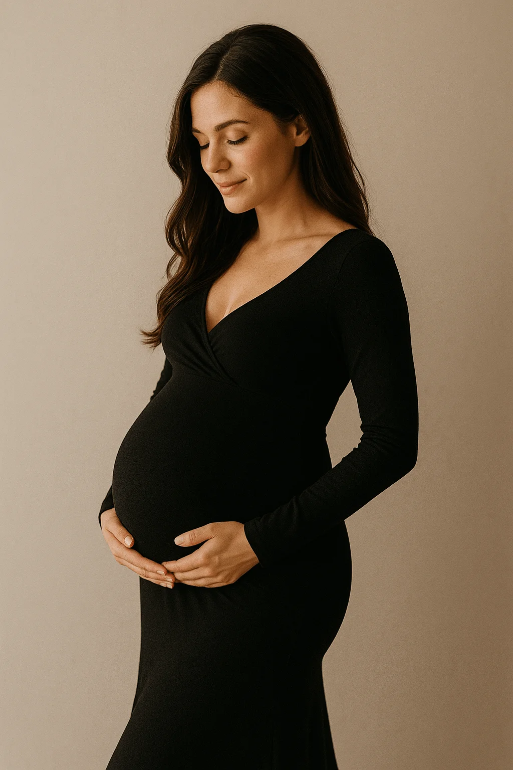 Pregnant woman in a long-sleeve black dress gently holding her baby bump while looking down with a soft smile against a neutral background.