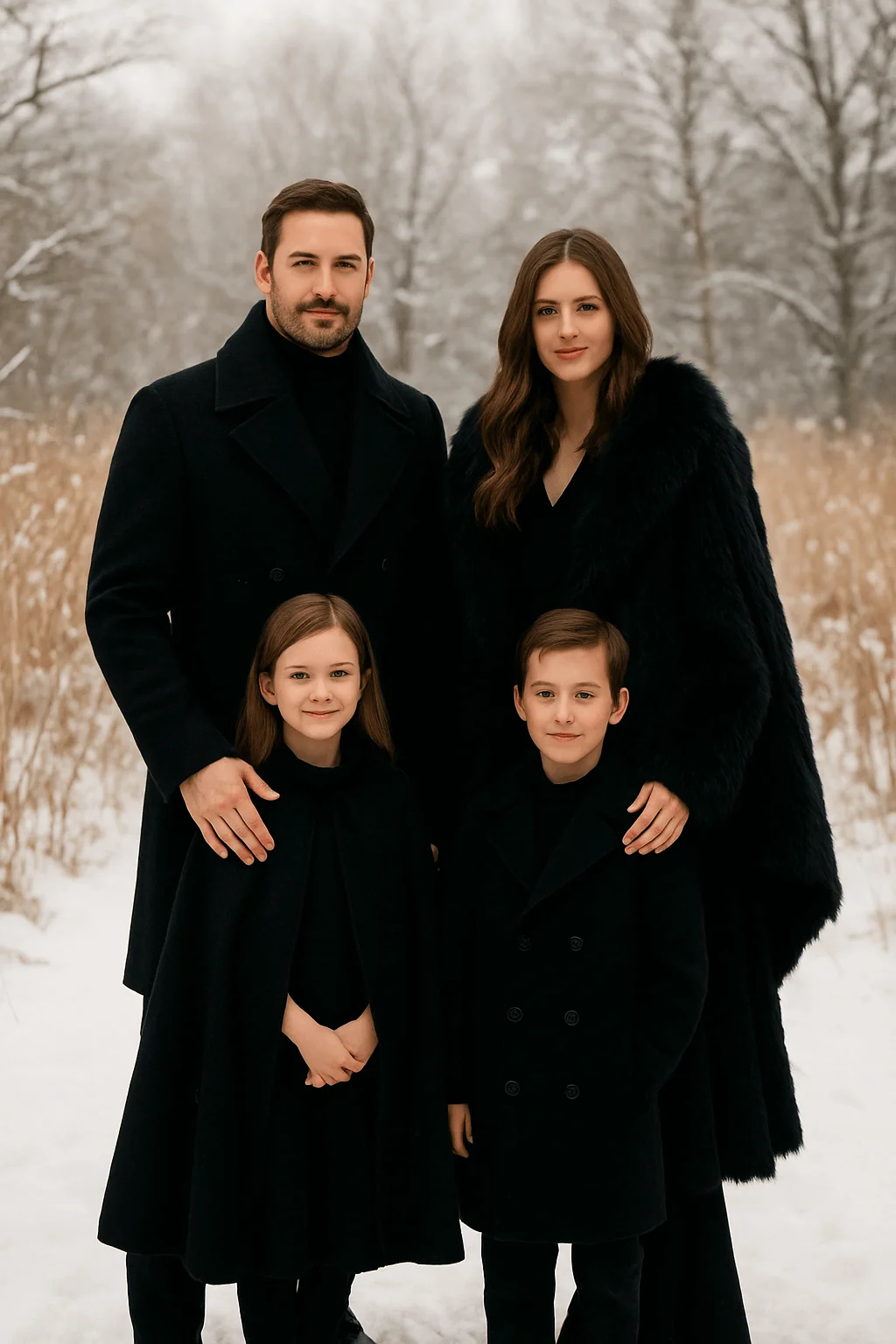 Family of four standing outdoors in a snowy winter setting, all dressed in coordinated black coats and outerwear.