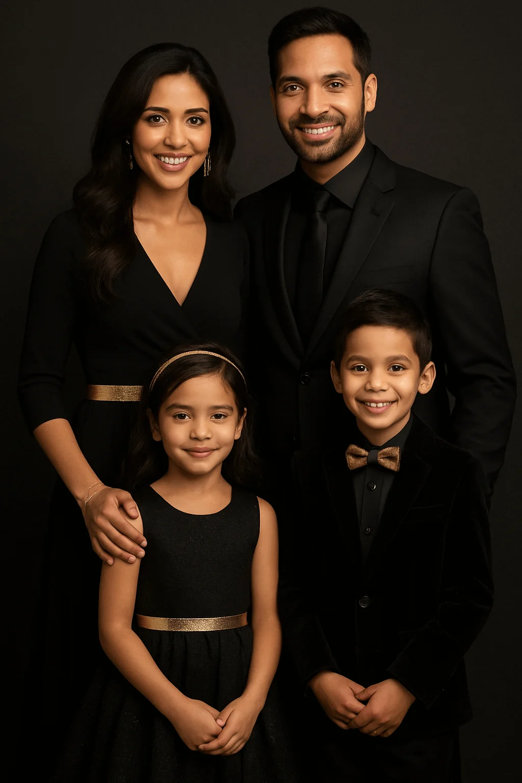Family dressed in coordinated black outfits with gold metallic accents posing against a dark studio background for a holiday photo.