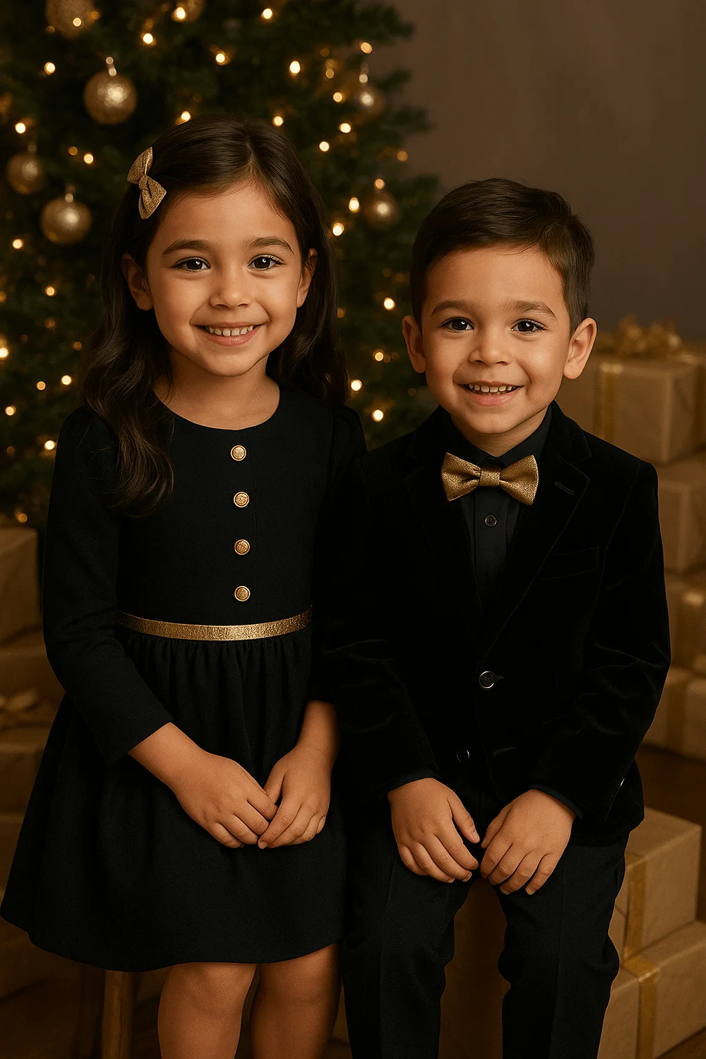 Two children dressed in coordinated black outfits with gold accents, smiling while sitting in front of a decorated Christmas tree and wrapped presents.