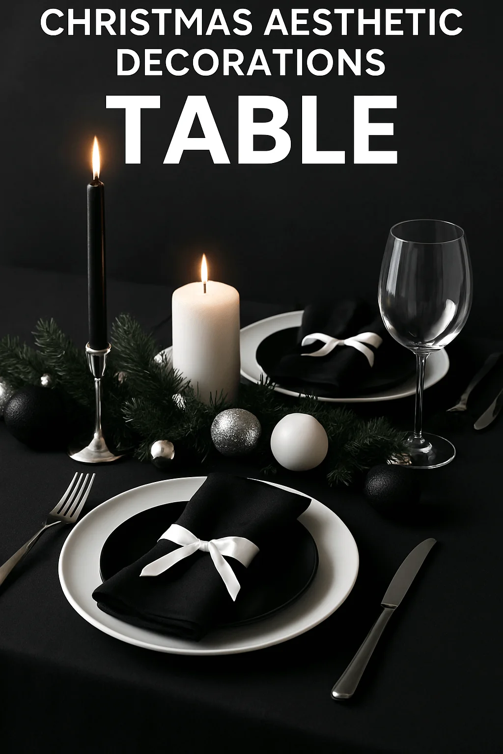 Elegant black-and-white Christmas table setting featuring black linens, white plates, black napkins tied with white ribbon, pillar candles, silver and white ornaments, and evergreen garland for a chic modern holiday look.