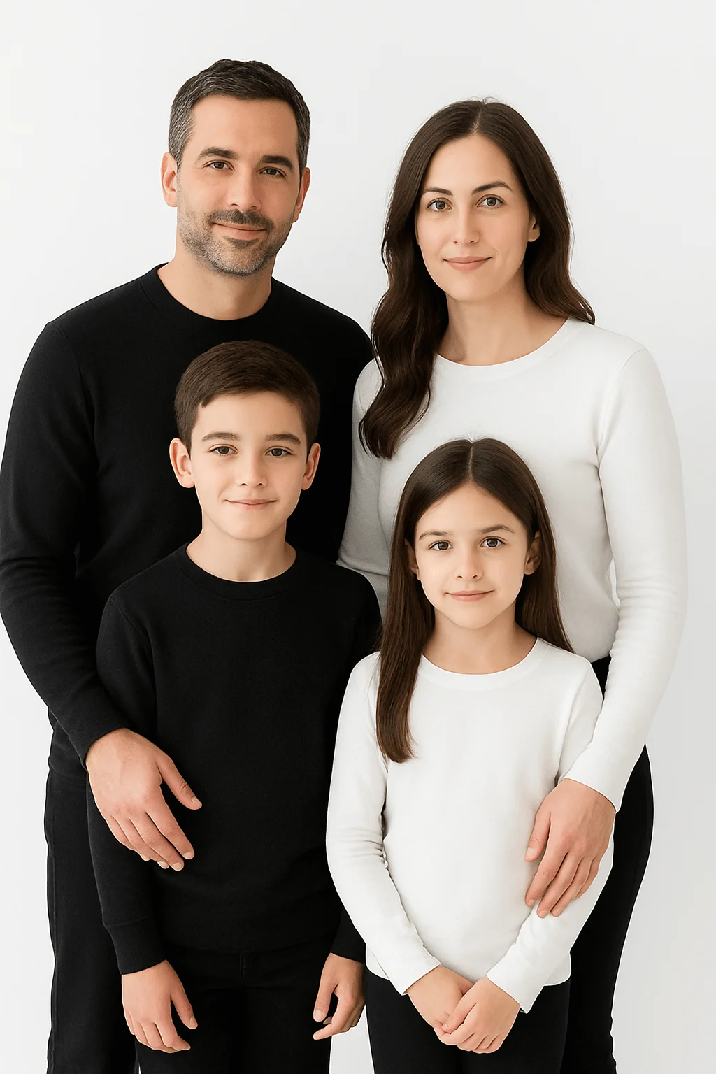 Family of four posing against a light background, with the adults and children dressed in coordinated black-and-white outfits.