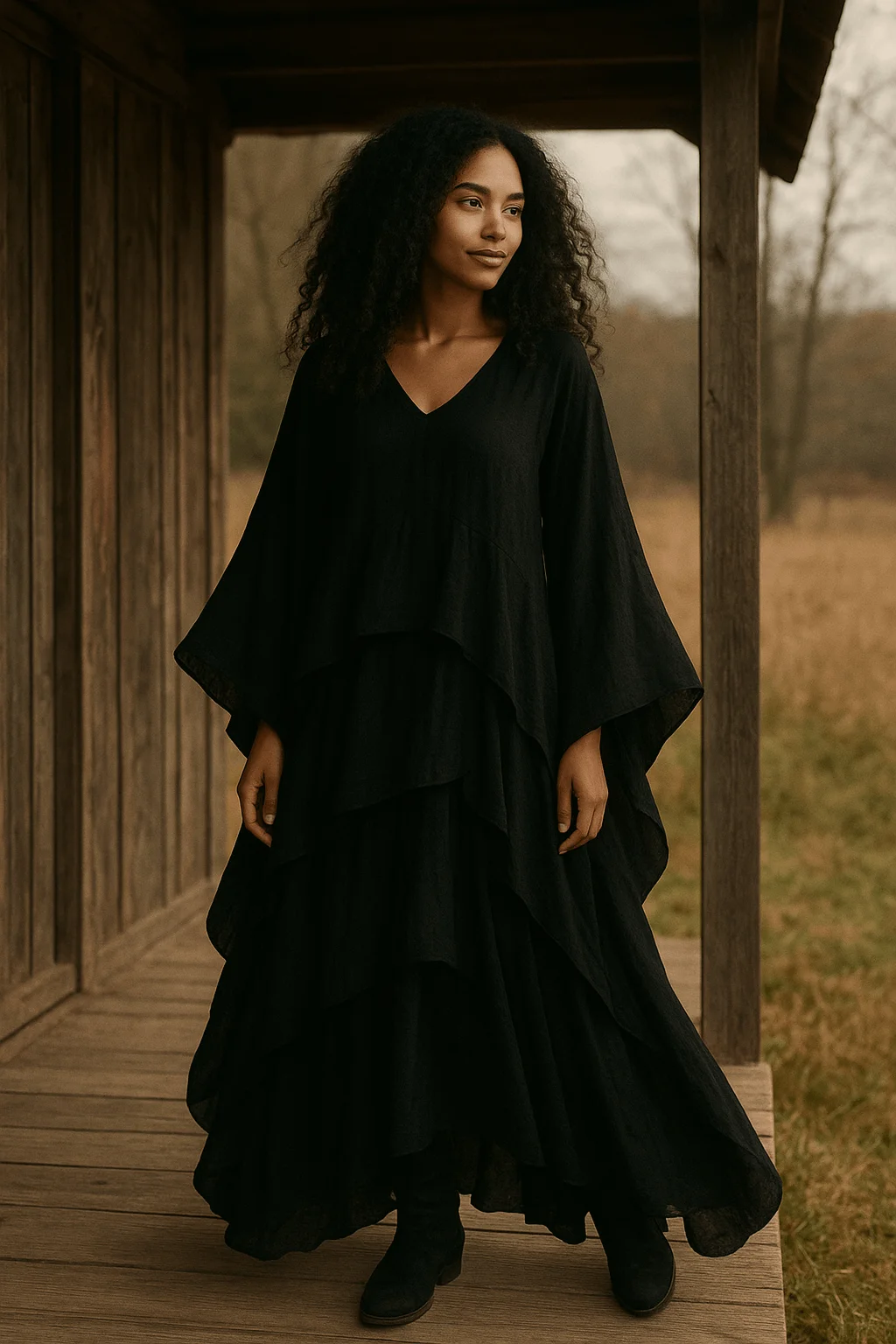 Woman wearing a flowing, layered black boho dress standing on a wooden porch with a natural outdoor backdrop.
