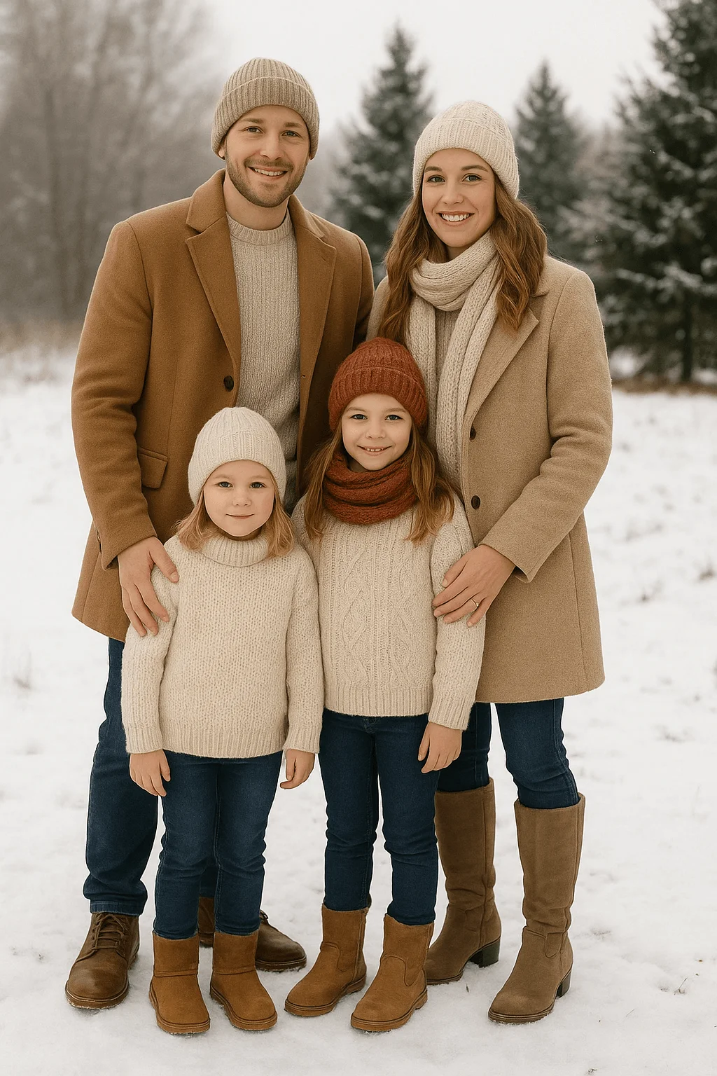 Family dressed in coordinated winter outfits with neutral sweaters, camel coats, knit hats, scarves, and brown boots posing together outdoors in the snow.