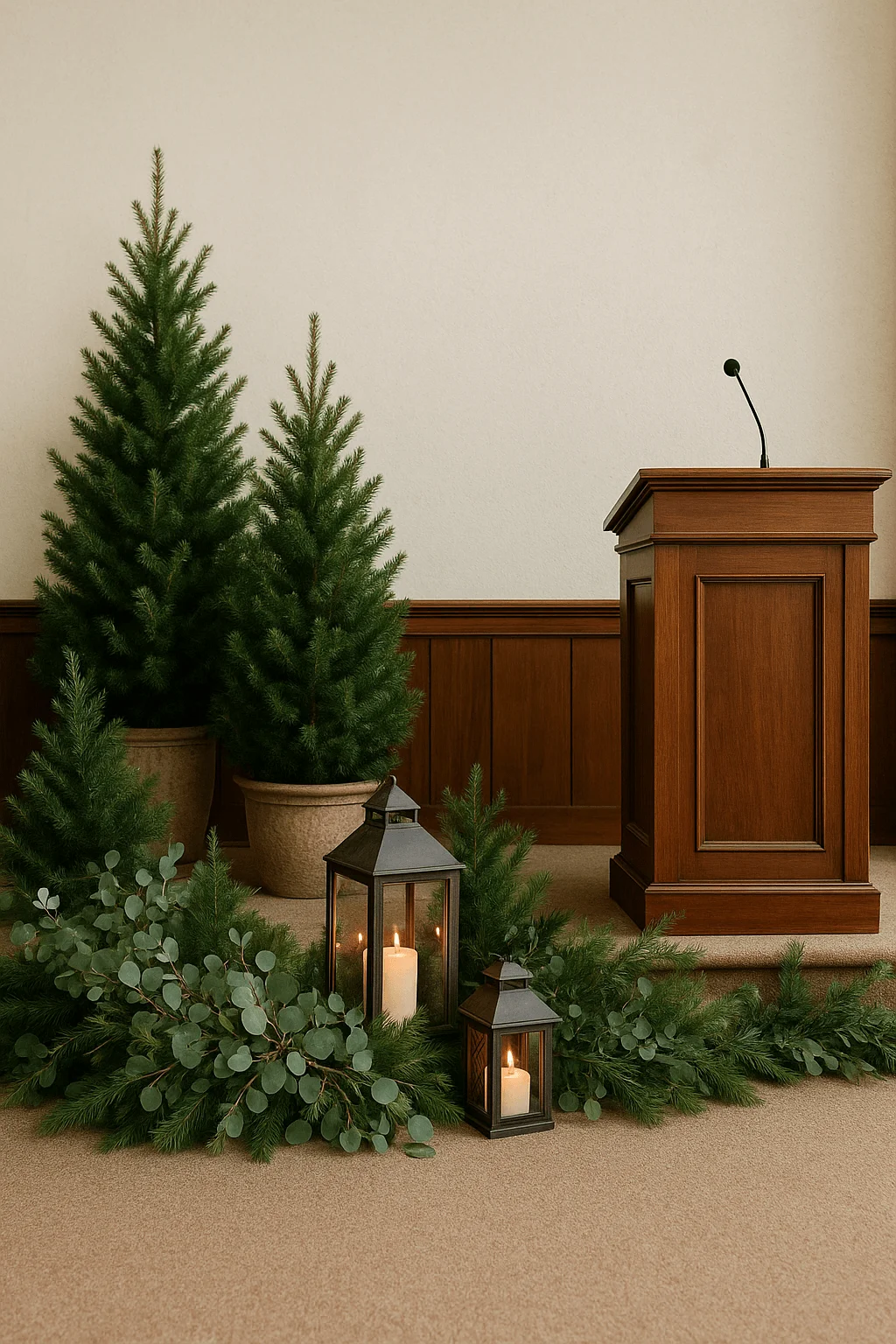Minimal Christmas church stage decor with potted evergreens lantern candles and eucalyptus greenery around wooden podium