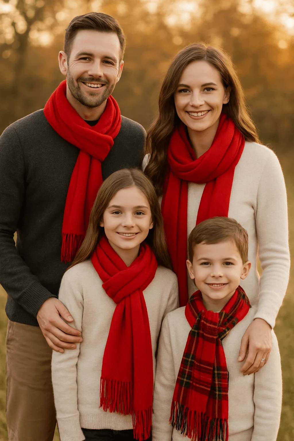 Family wearing neutral sweaters with bright red scarves posing outdoors during golden hour, with one child in a red plaid scarf for a festive accent.