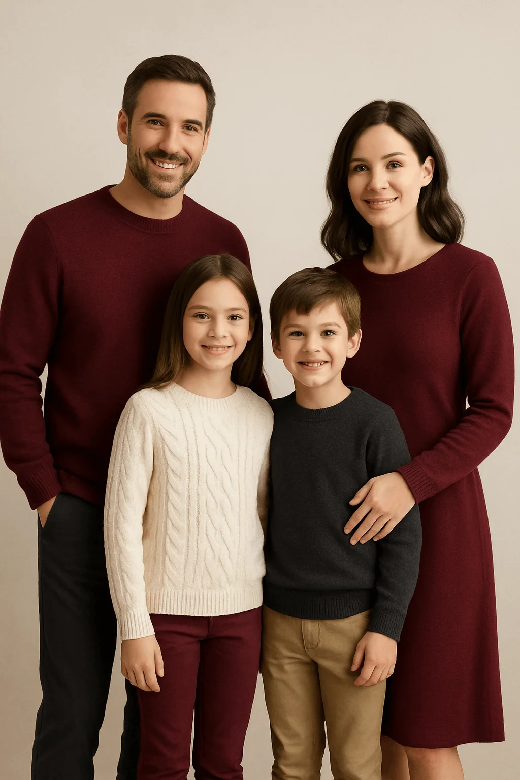 A family of four stands together in coordinated fall and winter outfits against a neutral background. The parents wear matching burgundy knit clothing, while the daughter wears an ivory cable-knit sweater with burgundy pants and the son wears a charcoal sweater with khaki pants. All are smiling and standing closely, creating a polished, color-coordinated portrait.