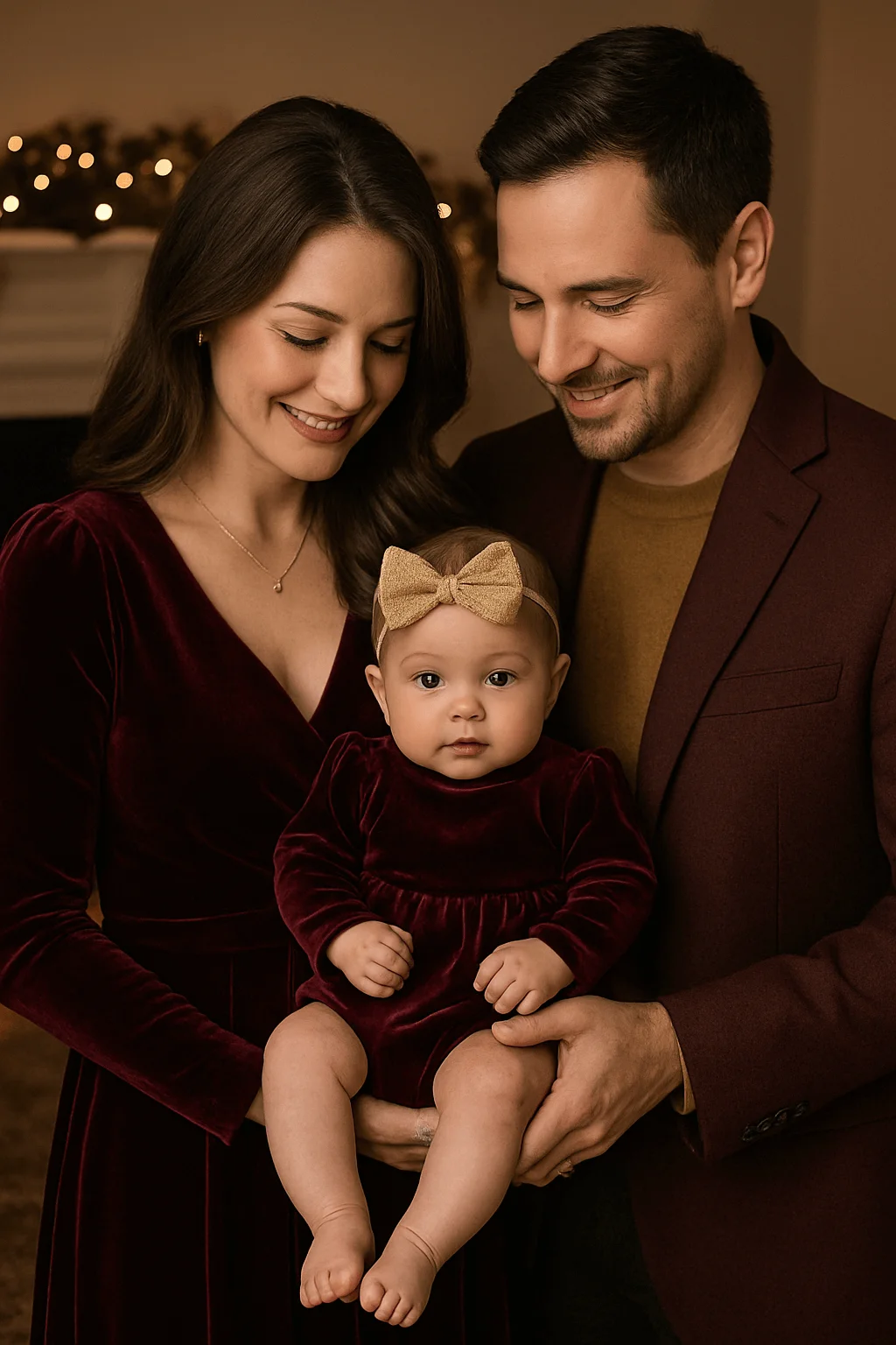 Family holiday photo with parents wearing rich burgundy outfits holding a baby dressed in a matching burgundy velvet dress with a gold bow, set against a warm, softly lit background with festive lights