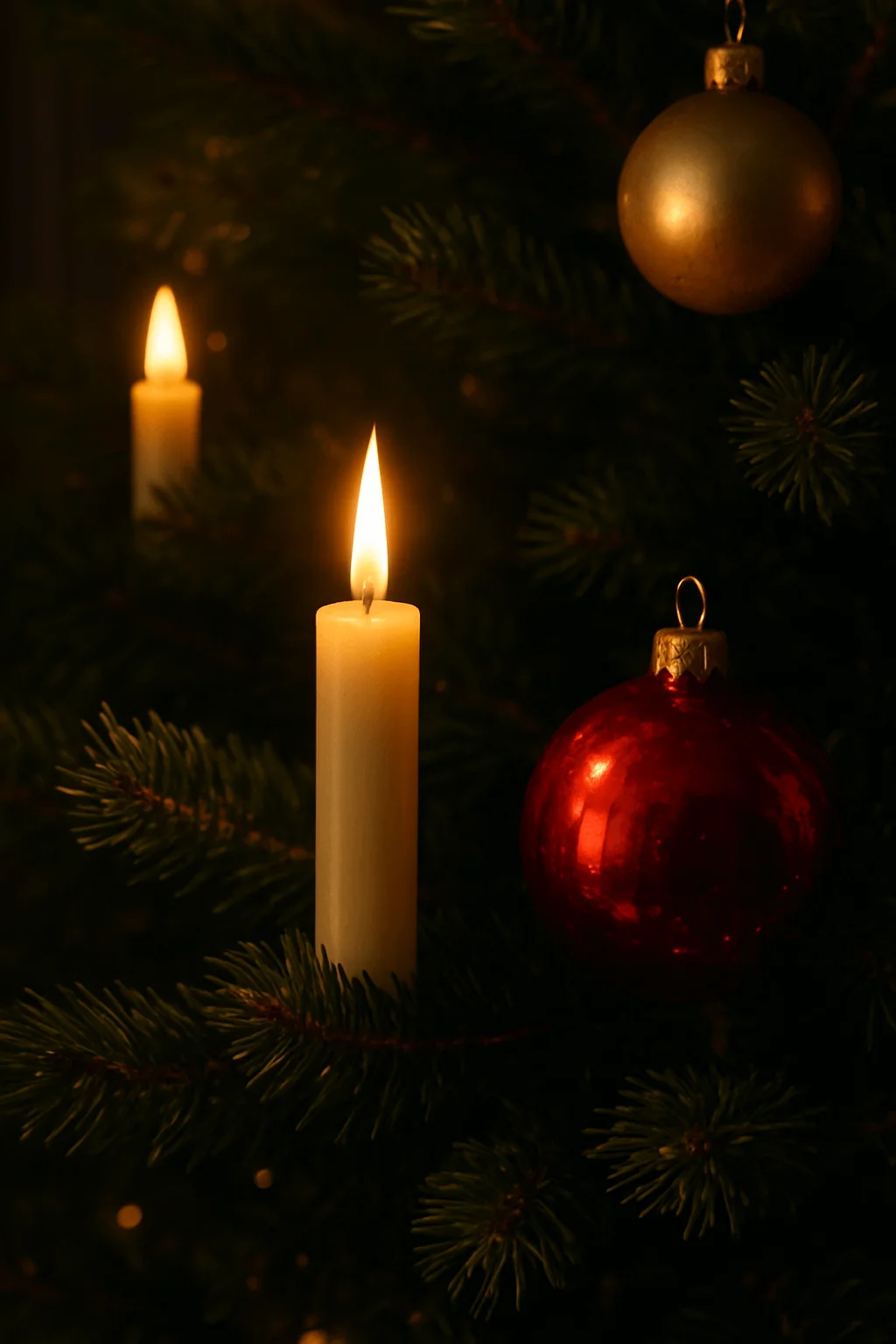 close up of christmas tree decorated with glowing candles and red and gold ornaments creating warm candlelight ambiance