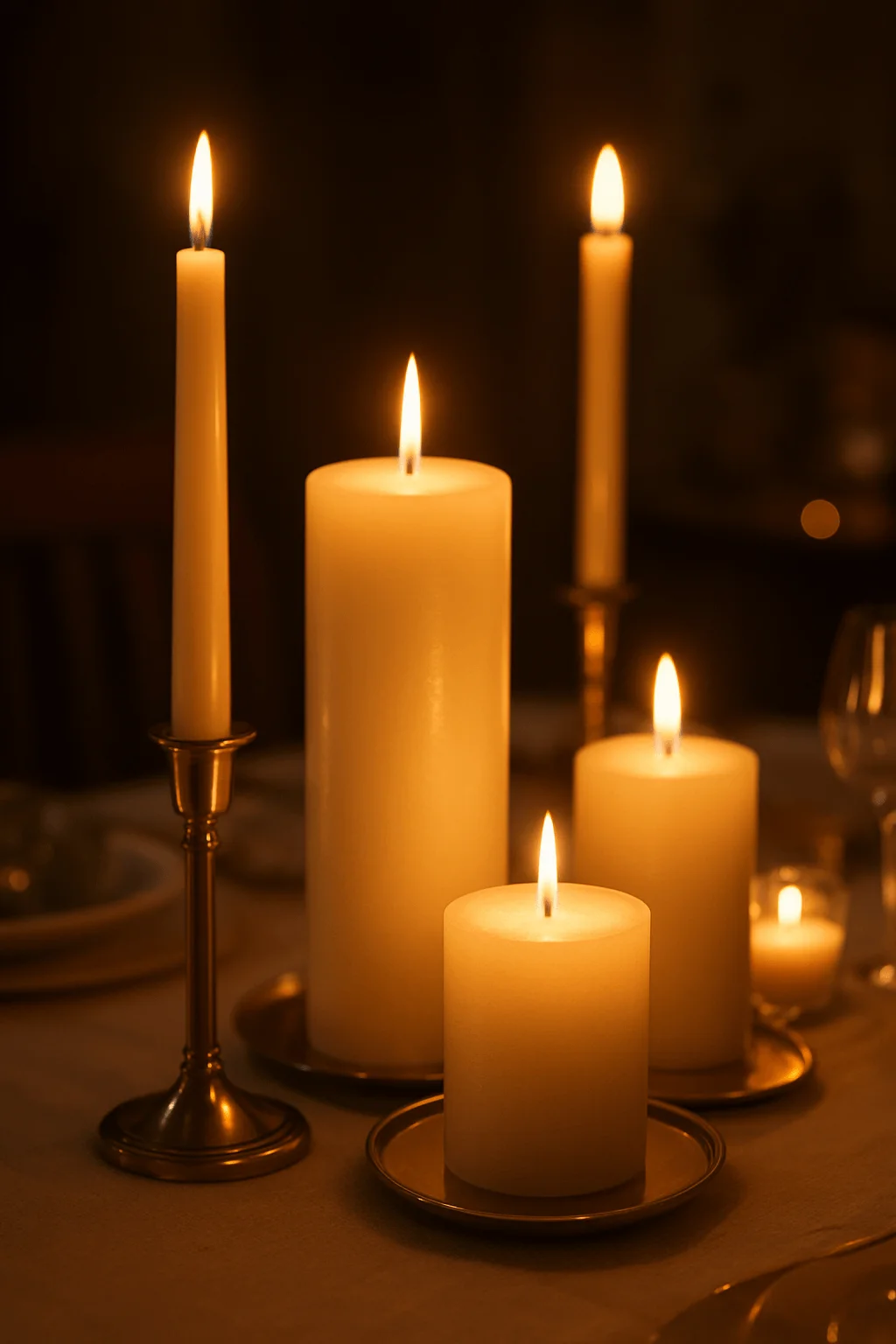 Cozy Christmas table centerpiece with multiple candles at varied heights creating warm golden ambiance on elegant holders and plates