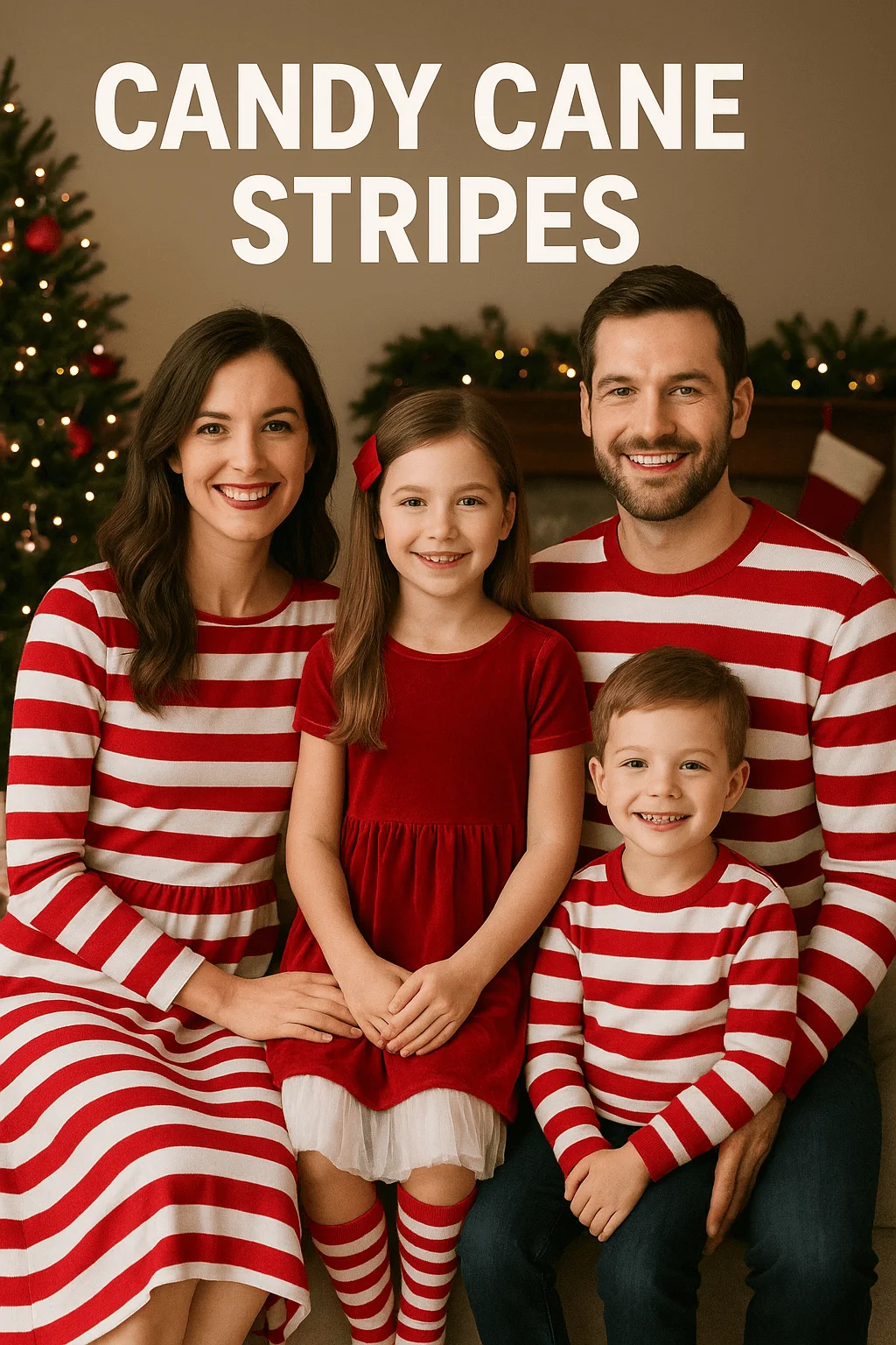 A family wearing matching red-and-white candy cane striped outfits poses in front of a Christmas tree; the mother and father wear striped tops, the young boy wears a striped shirt, and the girl wears a solid red dress with matching striped socks, with the text “Candy Cane Stripes” above them.