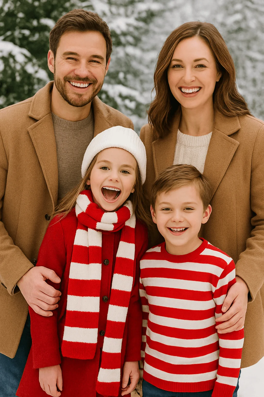 Family holiday photo with parents in neutral camel coats and two children wearing festive red and white outfits, including a red striped sweater and a candy-cane striped scarf, smiling together in a snowy forest.
