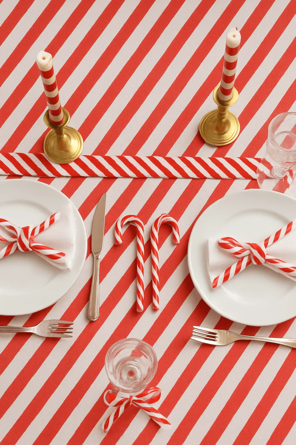 Candy cane themed Christmas table setting with red and white striped tablecloth, matching striped candles, white plates, and ribbon-wrapped napkins.