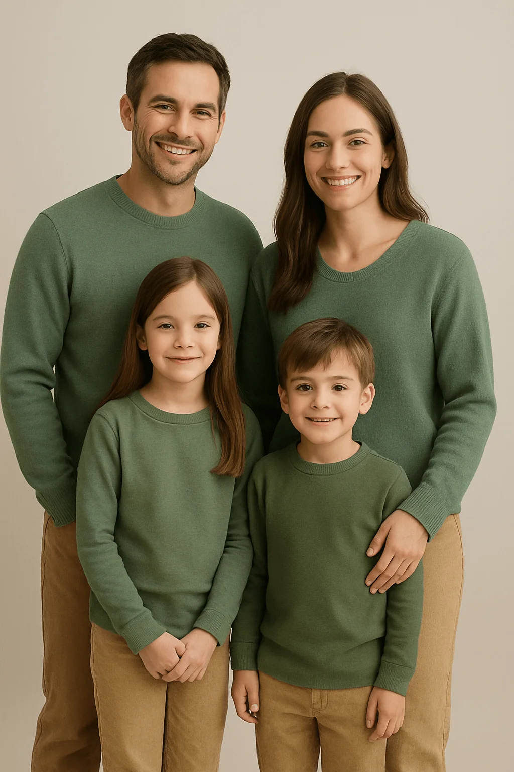 A family of four wearing matching green sweaters and tan pants smiles together in a studio portrait. The parents stand behind their two young children, all dressed in coordinated casual outfits against a soft beige background.
