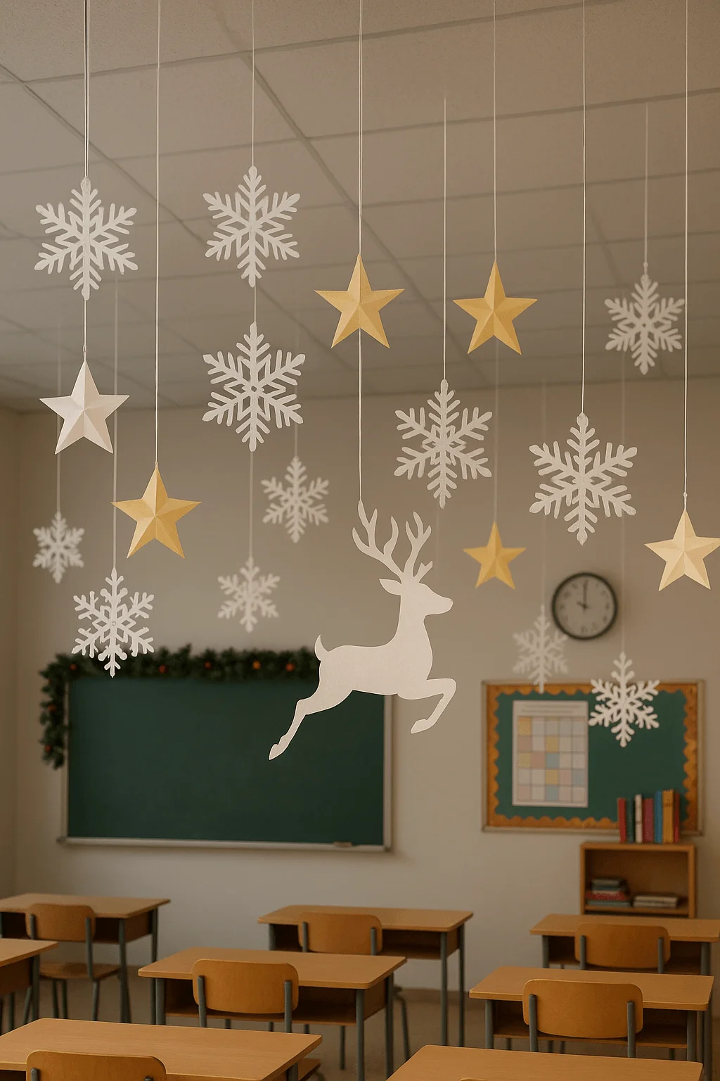 Christmas classroom ceiling decorations with hanging paper snowflakes golden stars and a reindeer above desks creating a festive winter atmosphere