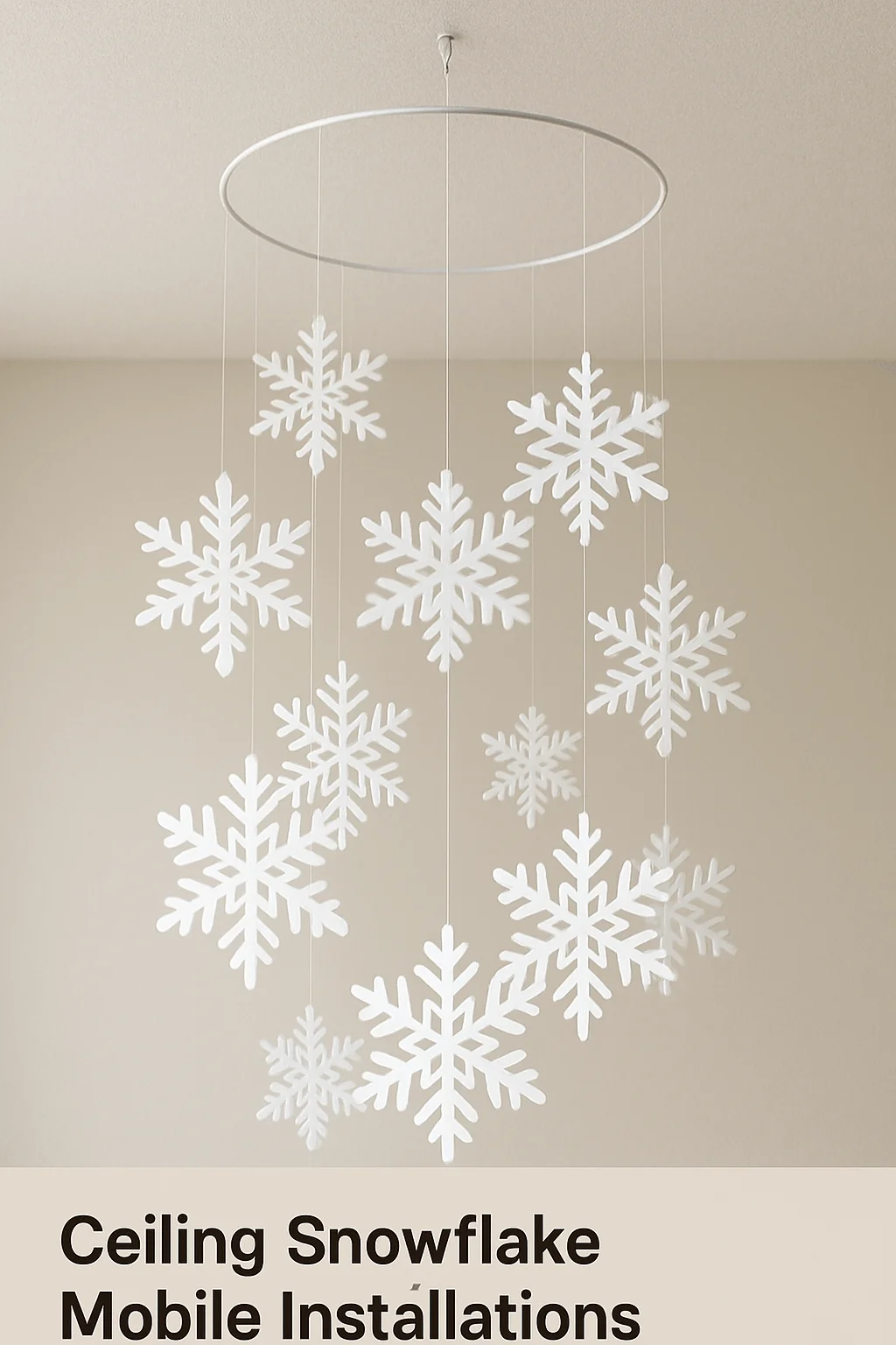 Large hanging mobile with white snowflake cutouts suspended from a circular ceiling ring, displayed against a neutral wall with the title “Ceiling Snowflake Mobile Installations” below.