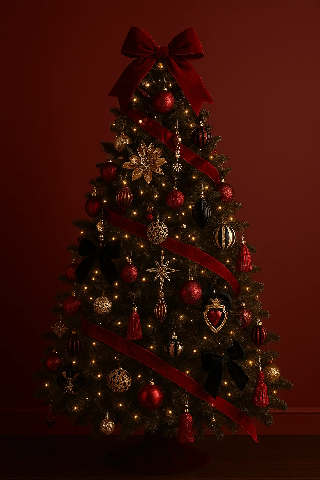 luxurious christmas tree decorated with red velvet ribbons, gold ornaments, and black accents inspired by celebrity and designer holiday styles